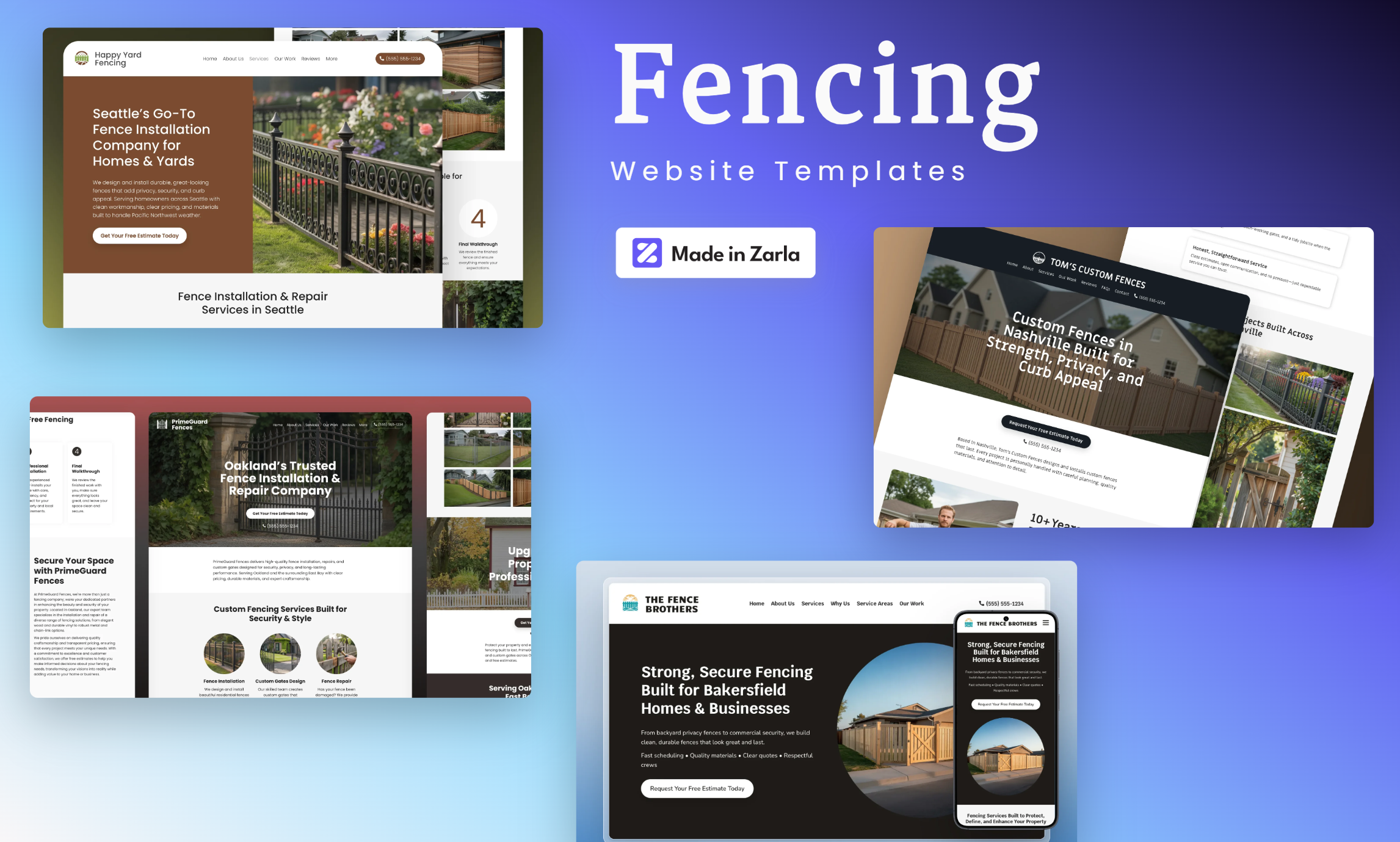 Collection of fencing website templates created with Zarla