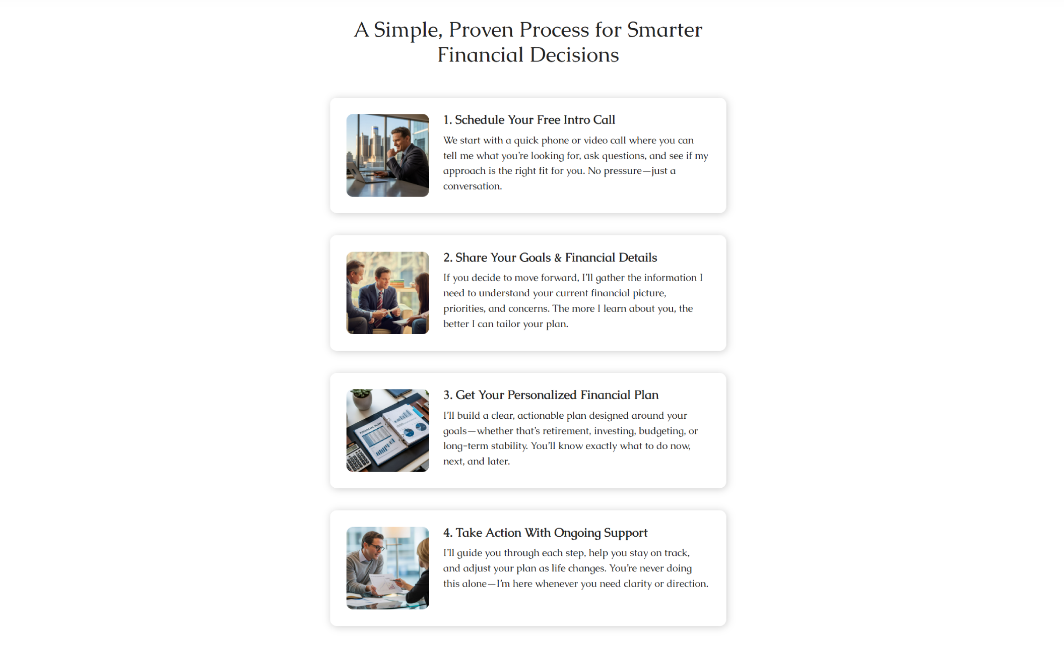 Fidelis Finance process overview titled “A Simple, Proven Process for Smarter Financial Decisions,” with stacked cards explaining each step from the introductory call to ongoing financial guidance