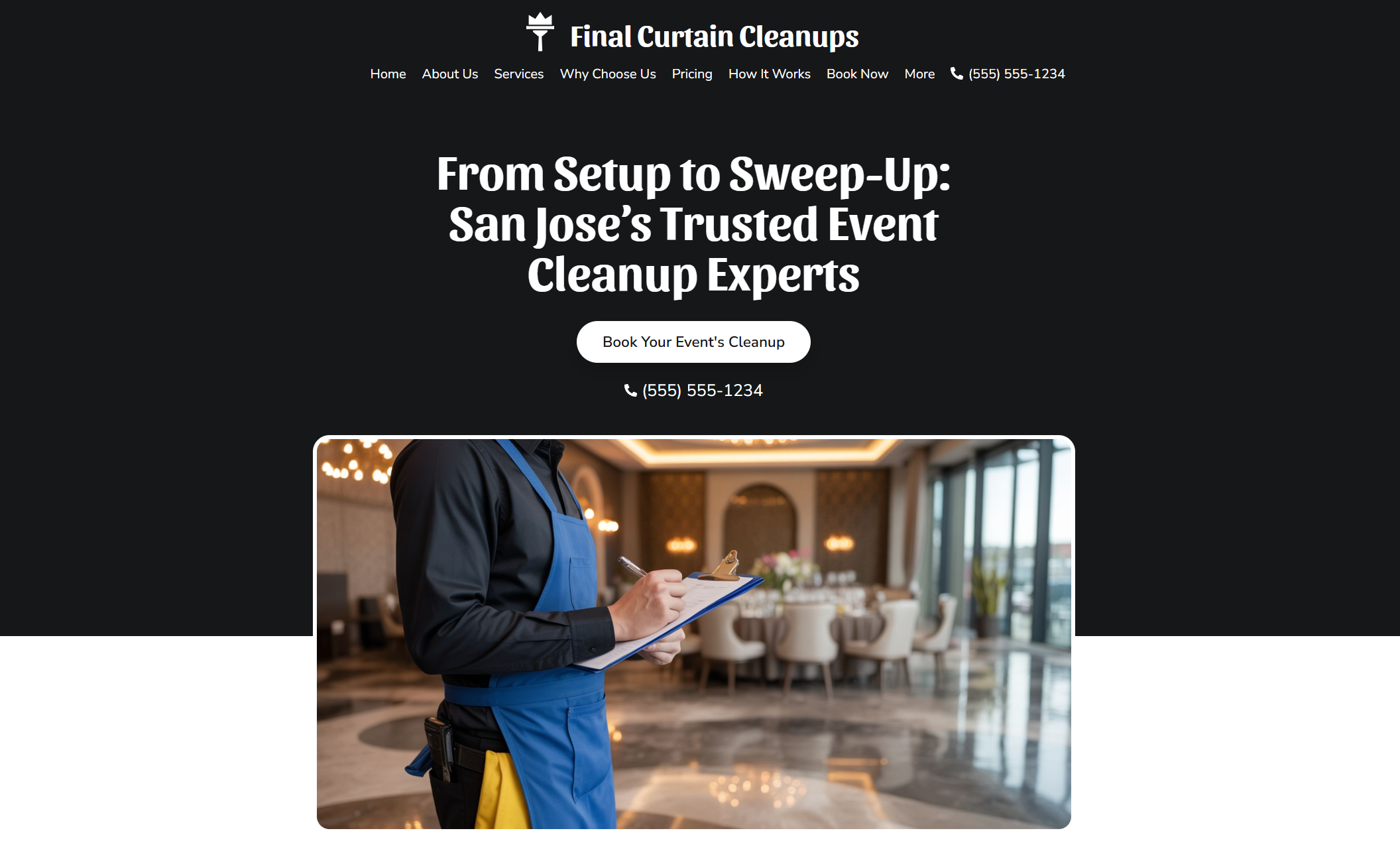Final Curtain Cleanups homepage showing a dark-themed hero with headline “From Setup to Sweep-Up: San Jose’s Trusted Event Cleanup Experts” and a booking call-to-action button