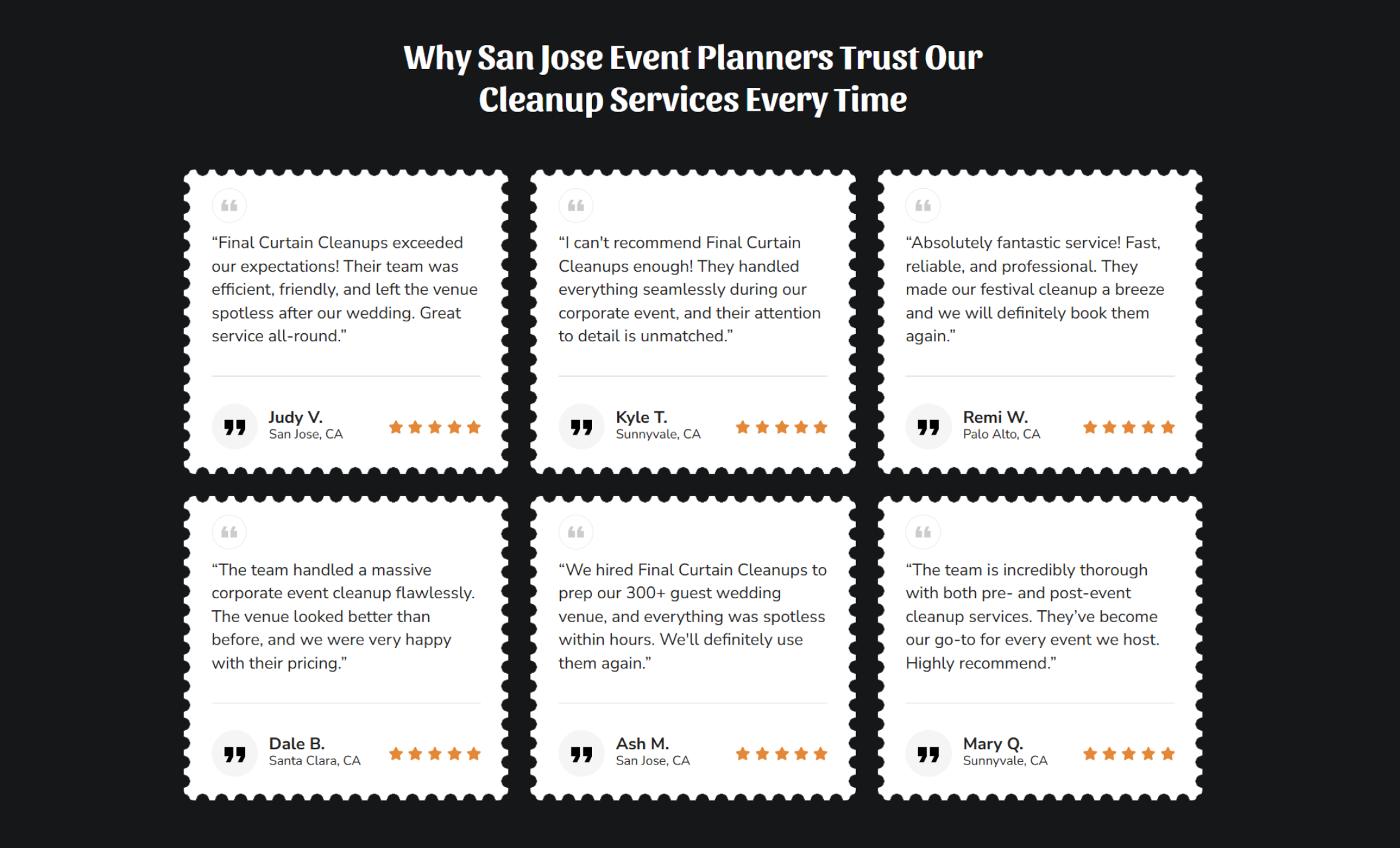 Final Curtain Cleanups testimonials section featuring six customer reviews with five-star ratings under the headline about trusted event cleanup services in San Jose