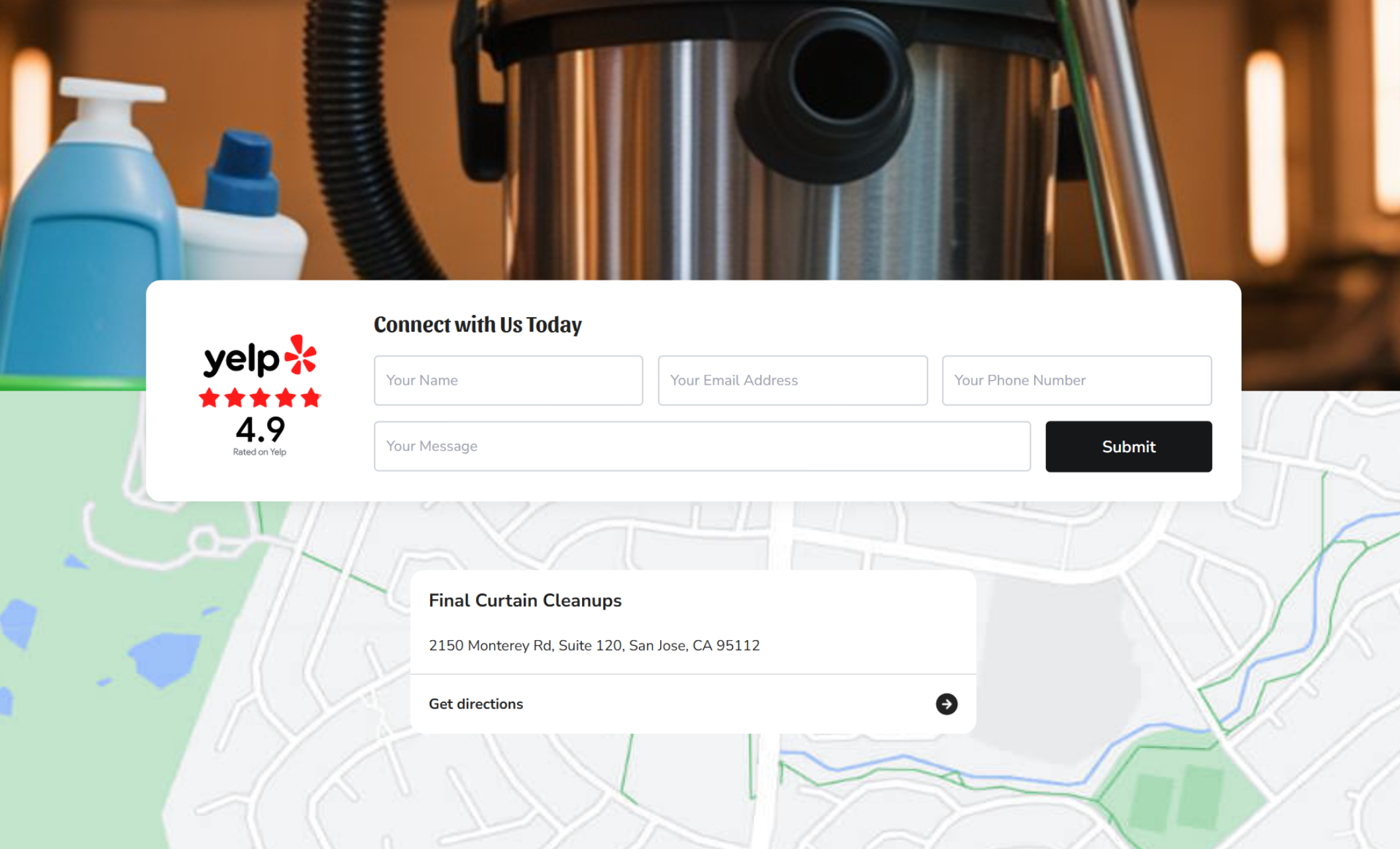 Contact section with a Yelp 4.9 rating badge, a “Connect with Us Today” form, and a map displaying the San Jose business location