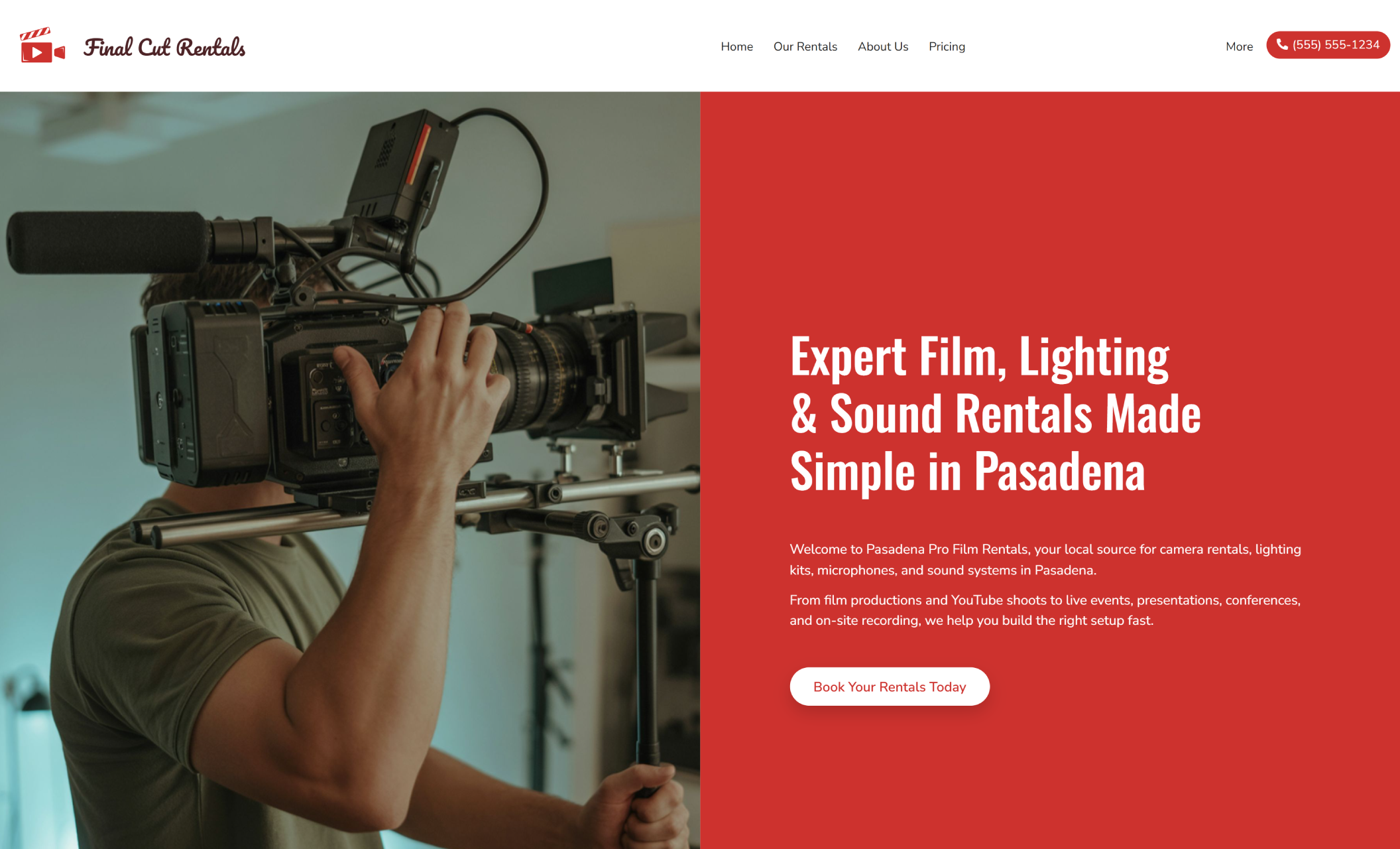 Final Cut Rentals homepage hero featuring a filmmaker holding a professional video camera beside the headline “Expert Film, Lighting & Sound Rentals Made Simple in Pasadena” and a white button that says “Book Your Rentals Today.”