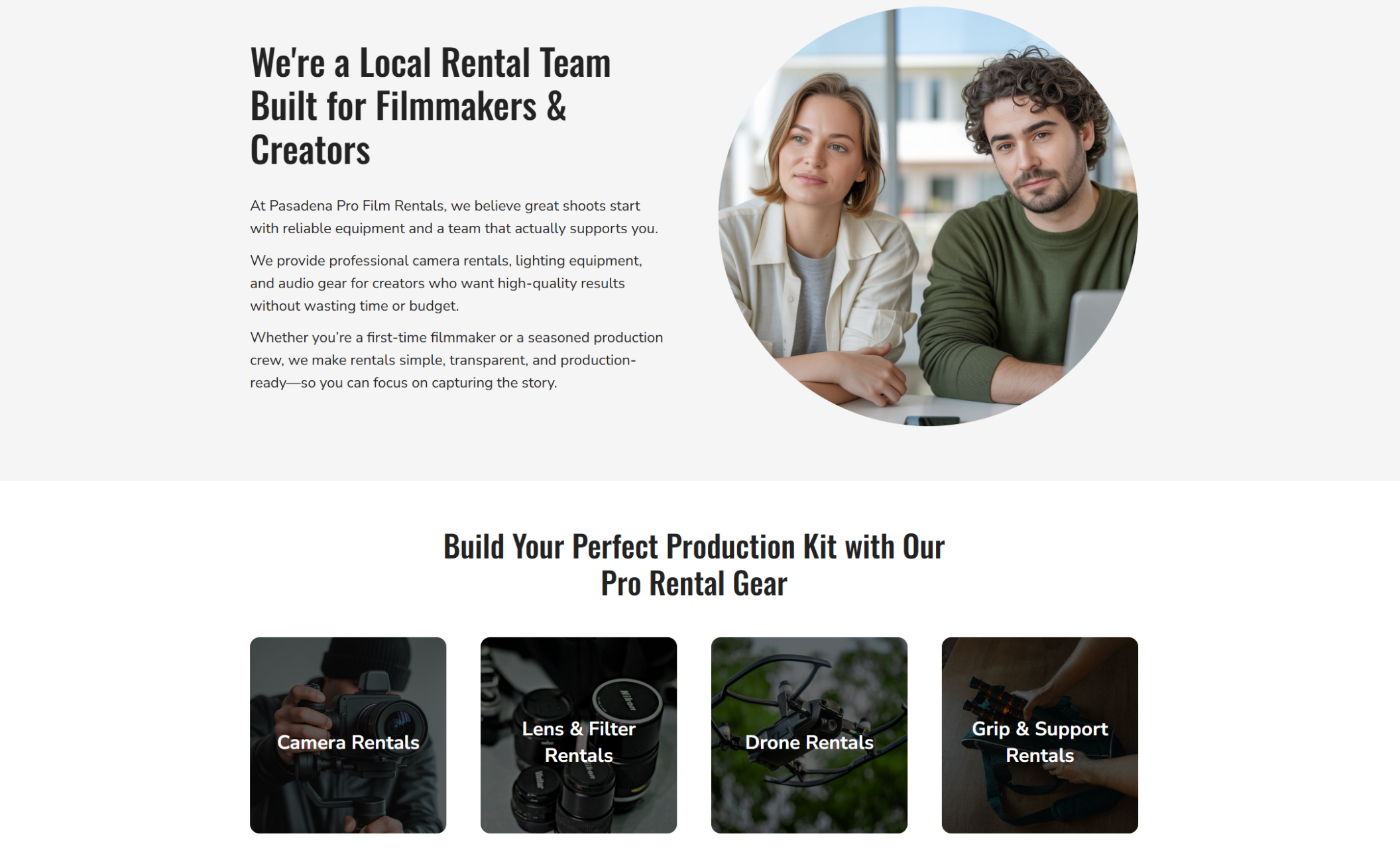 Final Cut Rentals about section featuring the headline “We’re a Local Rental Team Built for Filmmakers & Creators,” alongside a circular photo of two creatives sitting together and a grid of rental categories like “Camera Rentals,” “Lens & Filter Rentals,” “Drone Rentals,” and “Grip & Support Rentals.”