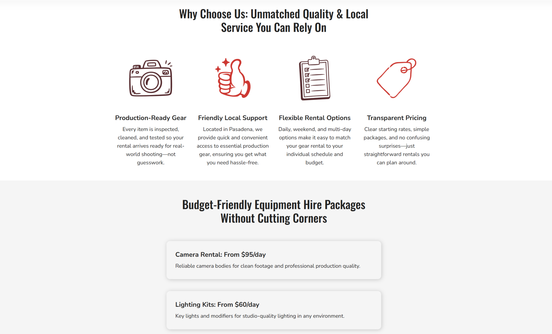 Final Cut Rentals “Why Choose Us” section featuring the headline “Why Choose Us: Unmatched Quality & Local Service You Can Rely On,” with four icon highlights for “Production-Ready Gear,” “Friendly Local Support,” “Flexible Rental Options,” and “Transparent Pricing.”