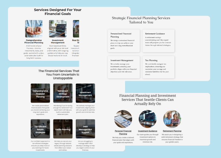 A collage of services section generated by Zarla showing different styles of service items, all having a picture, a title, and a brief description