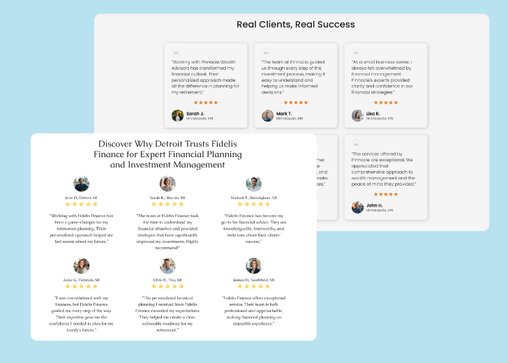 A collage of reviews section generated by Zarla showing different styles of testimonials