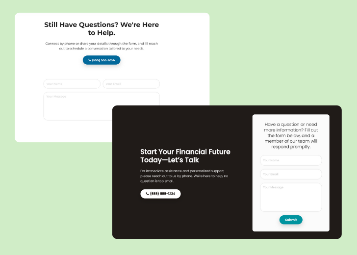 Screenshot of a contact form titled 'Get in touch' with a blue-colored primary button with a contact number, with input fields for Name, Email, and Message