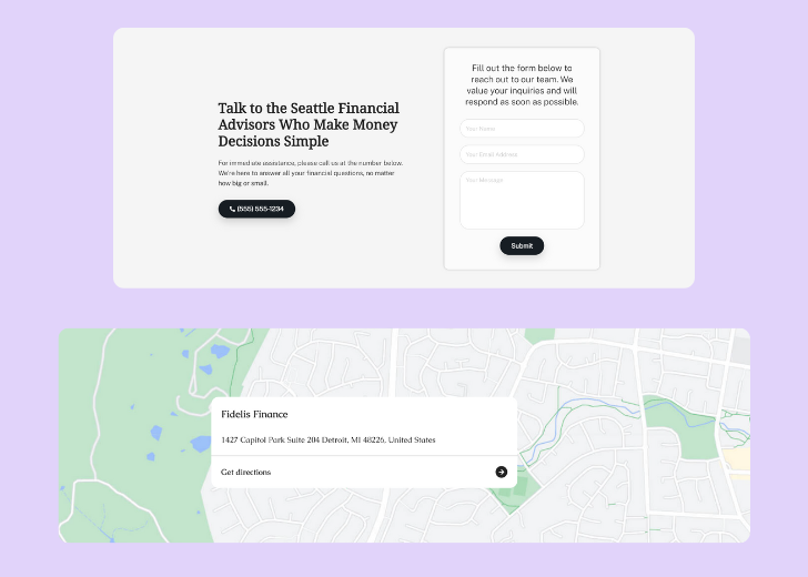 A screenshot of a header with navigation pills with contact number, a blue-colored primary button with contact number, and a 2D depiction of a map with a business address in the center