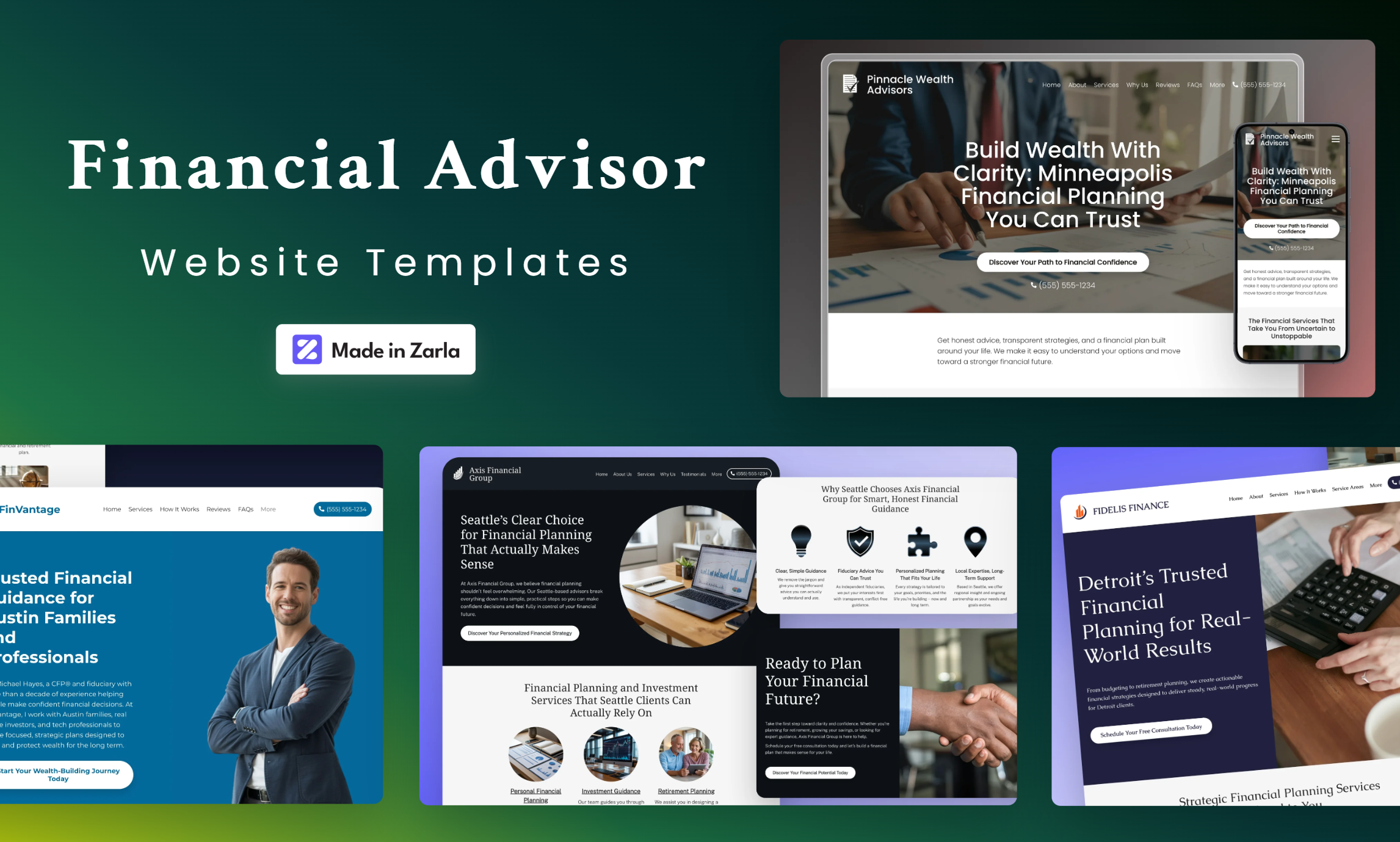 Collection of financial advisor website templates created with Zarla