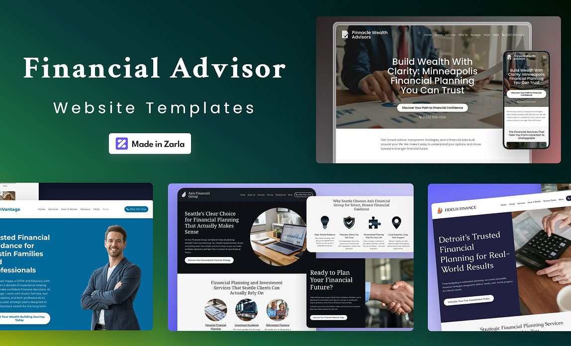 Collection of financial advisor website templates created with Zarla