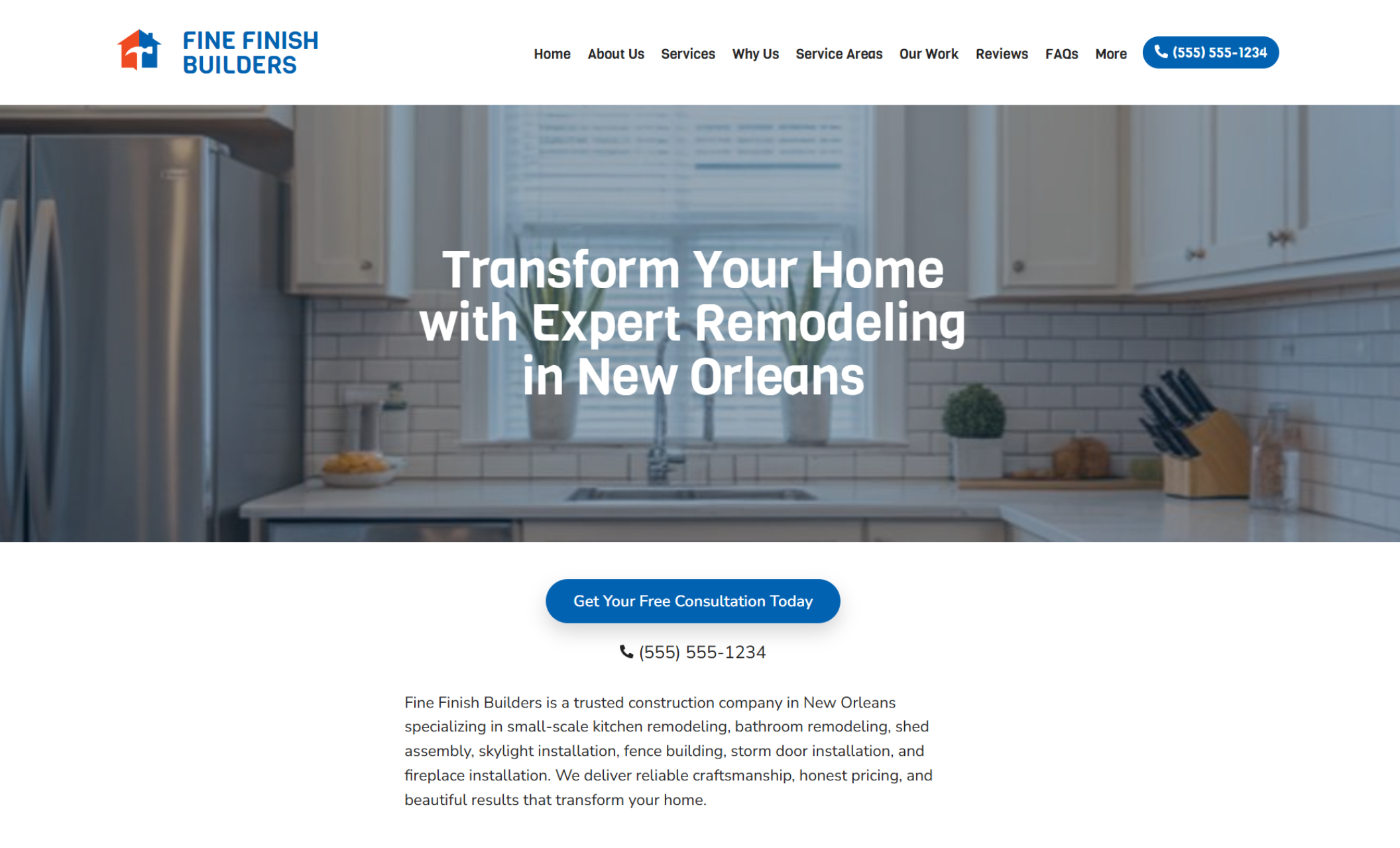 Fine Finish Builders homepage featuring a modern white kitchen with subway tile backsplash and stainless steel appliances, overlaid with the headline “Transform Your Home with Expert Remodeling in New Orleans” and a blue button that says “Get Your Free Consultation Today.”