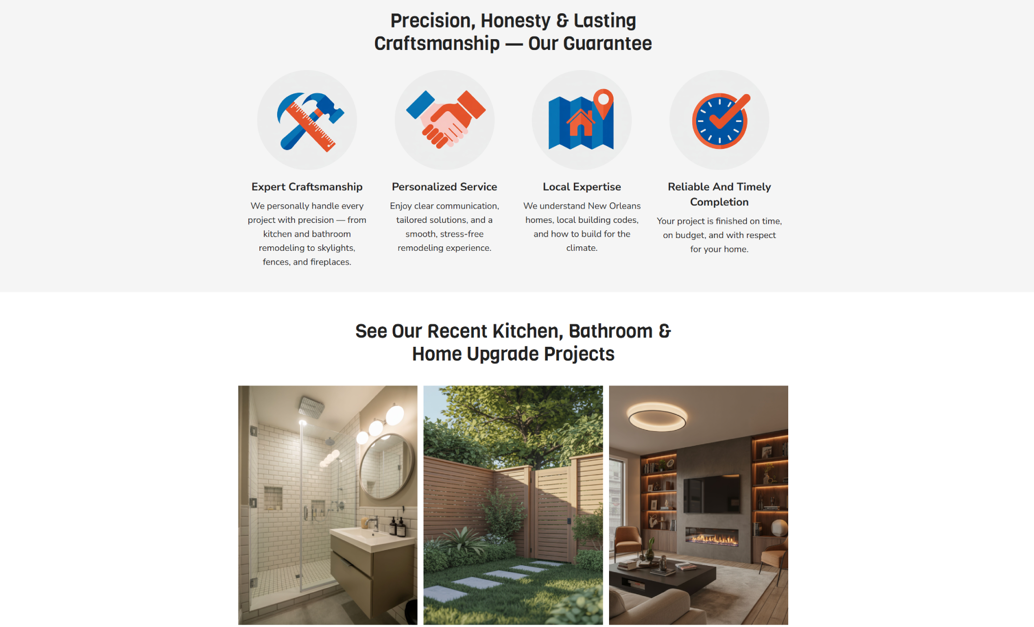 Fine Finish Builders guarantee section with illustrated icons and text under the headline “Precision, Honesty & Lasting Craftsmanship — Our Guarantee,” highlighting expert craftsmanship, personalized service, local expertise, and timely completion