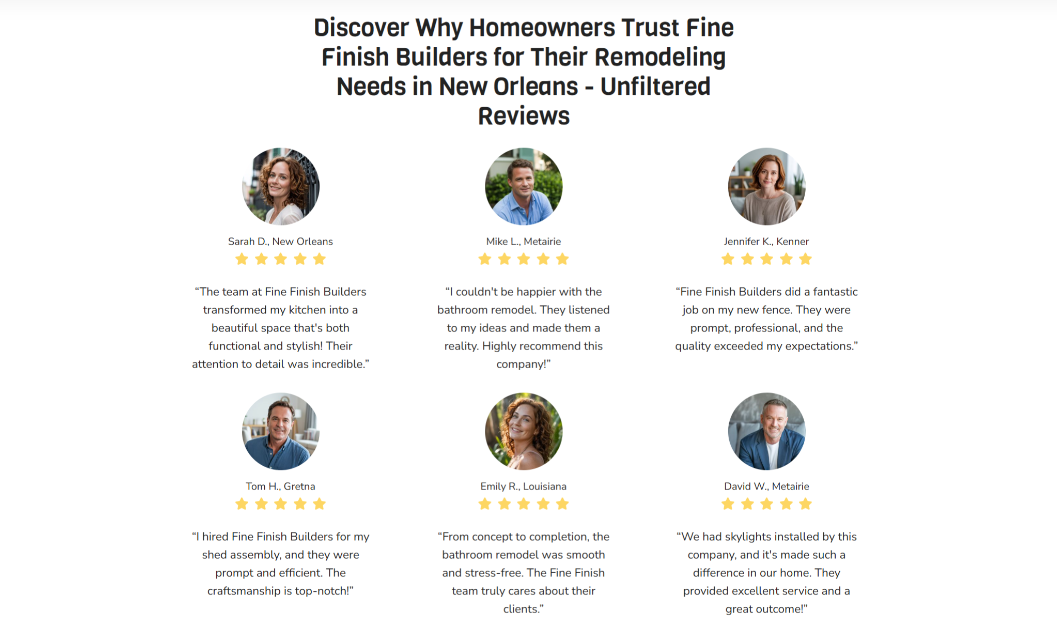 Fine Finish Builders reviews section featuring six customer testimonials with portraits, star ratings, and quotes praising remodeling services under the headline “Discover Why Homeowners Trust Fine Finish Builders for Their Remodeling Needs in New Orleans.”