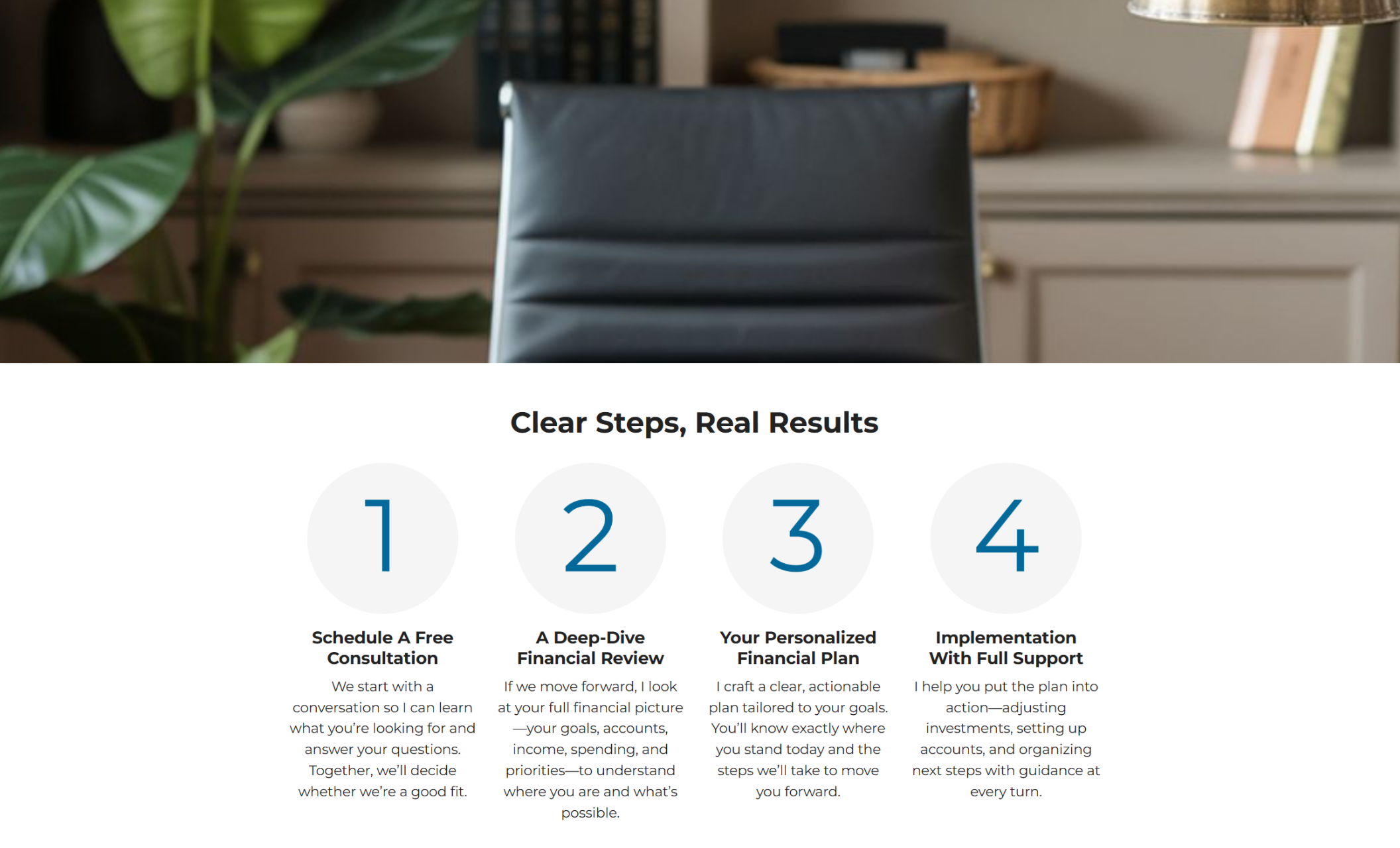 FinVantage process section titled “Clear Steps, Real Results,” featuring four numbered steps that outline the financial planning journey from a free consultation to full implementation and ongoing support