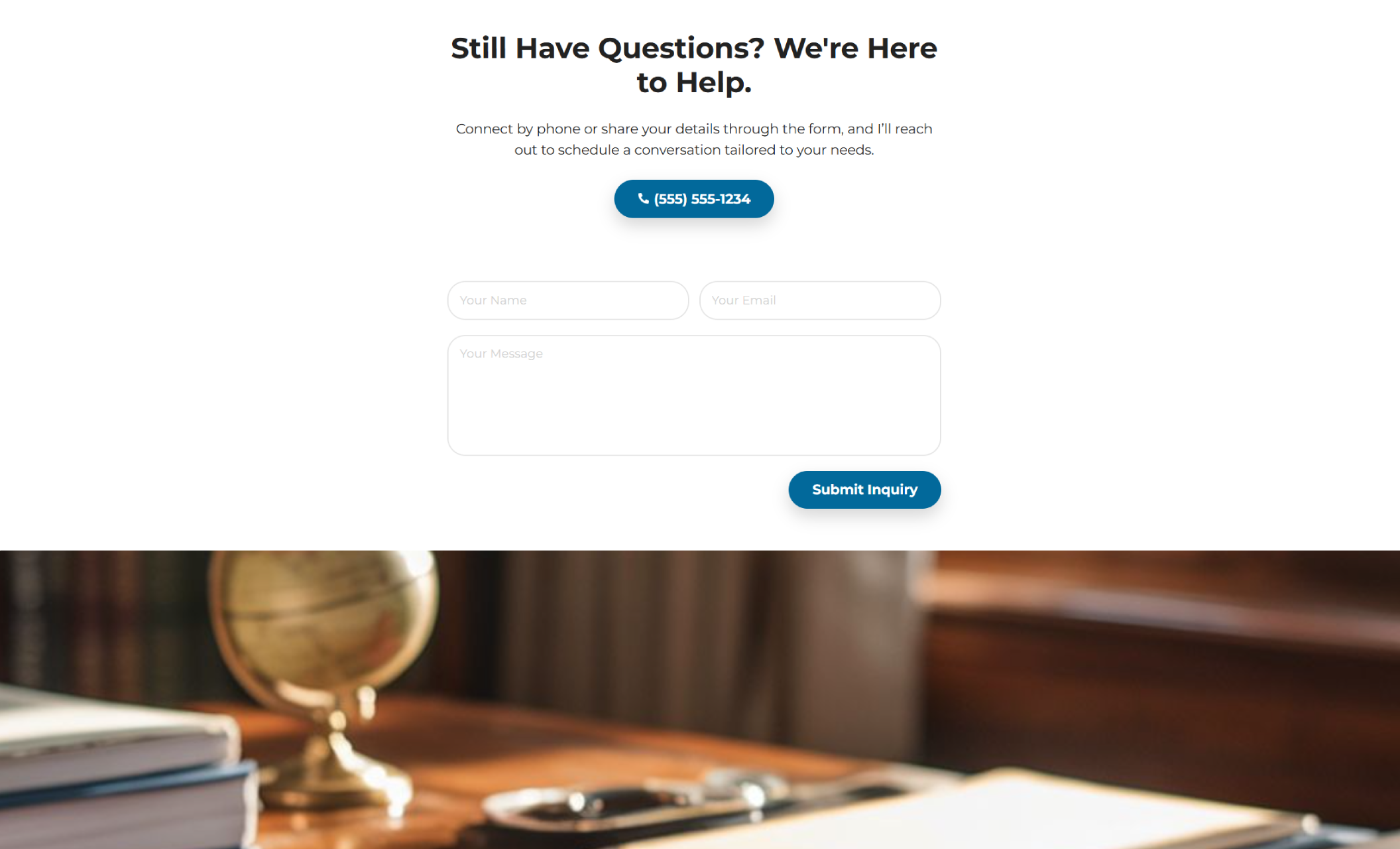 FinVantage contact section showing the headline “Still Have Questions? We’re Here to Help,” a phone call button, and a clean inquiry form set against a professional financial office background