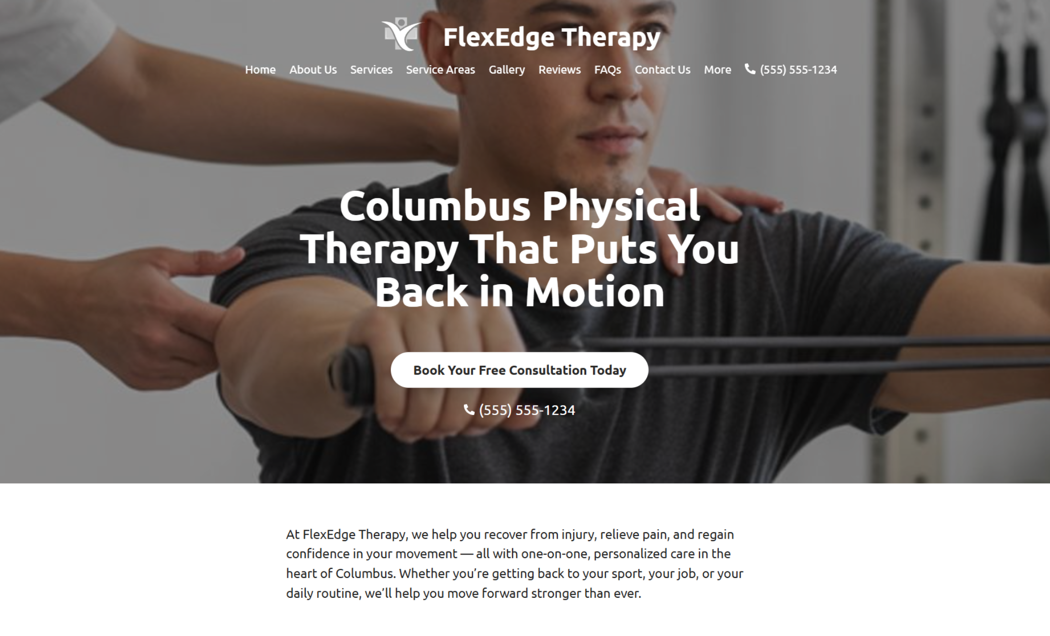 FlexEdge Therapy homepage featuring a close-up hero image of a therapist assisting a man with resistance band training under the headline “Columbus Physical Therapy That Puts You Back in Motion” and a centered white booking button