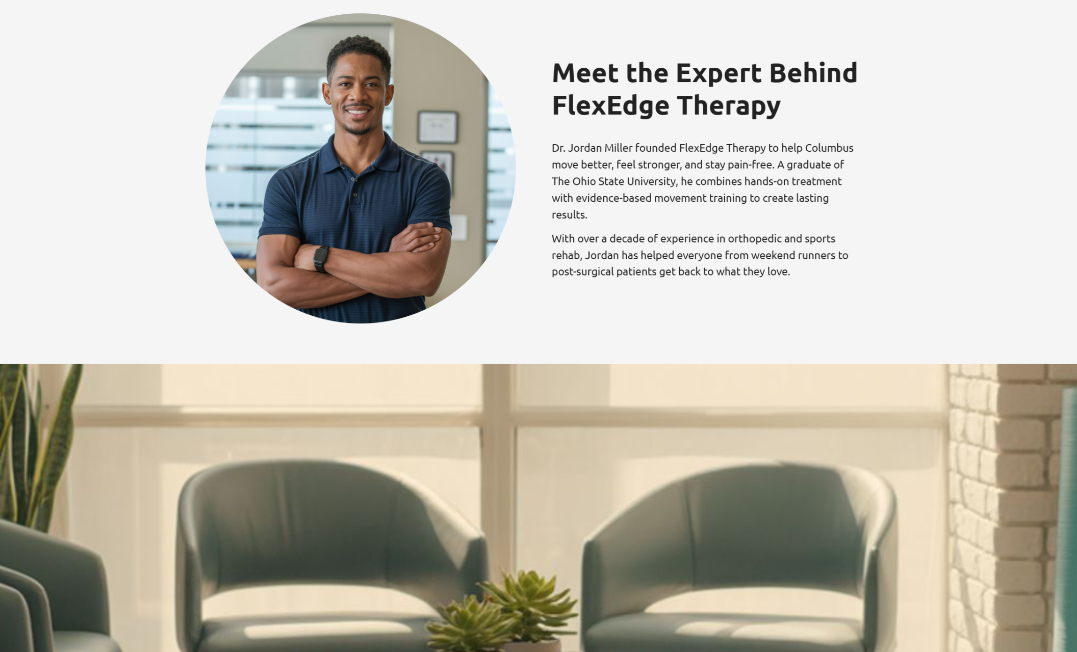 FlexEdge Therapy “Meet the Expert” section showing a circular portrait of Dr. Jordan Miller smiling with arms crossed beside a text block introducing him as the founder and lead physical therapist
