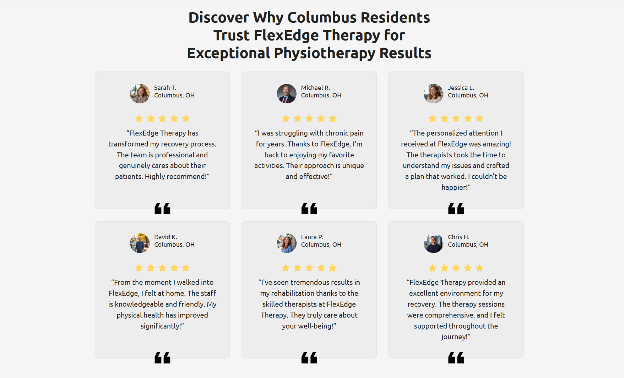 FlexEdge Therapy testimonial section displaying six patient review cards from Columbus residents, each with a star rating, portrait, and quote beneath the headline “Discover Why Columbus Residents Trust FlexEdge Therapy for Exceptional Physiotherapy Results.”