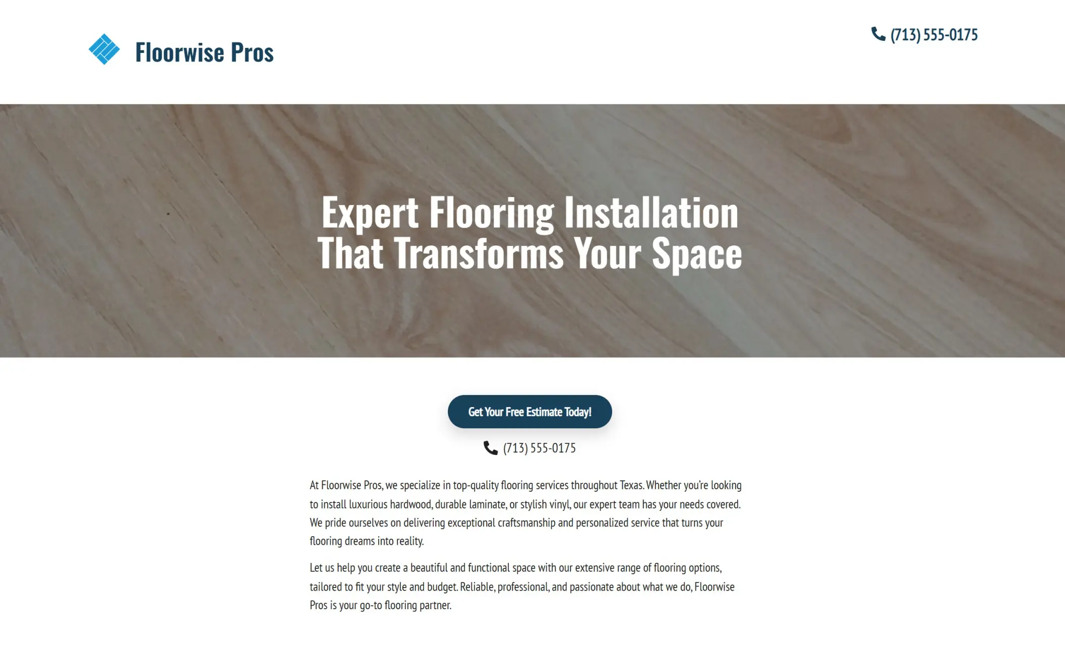 Floorwise Pros' homepage featuring the image of a wooden floor in the background, company branding, call-to-action button, and a brief description of the company