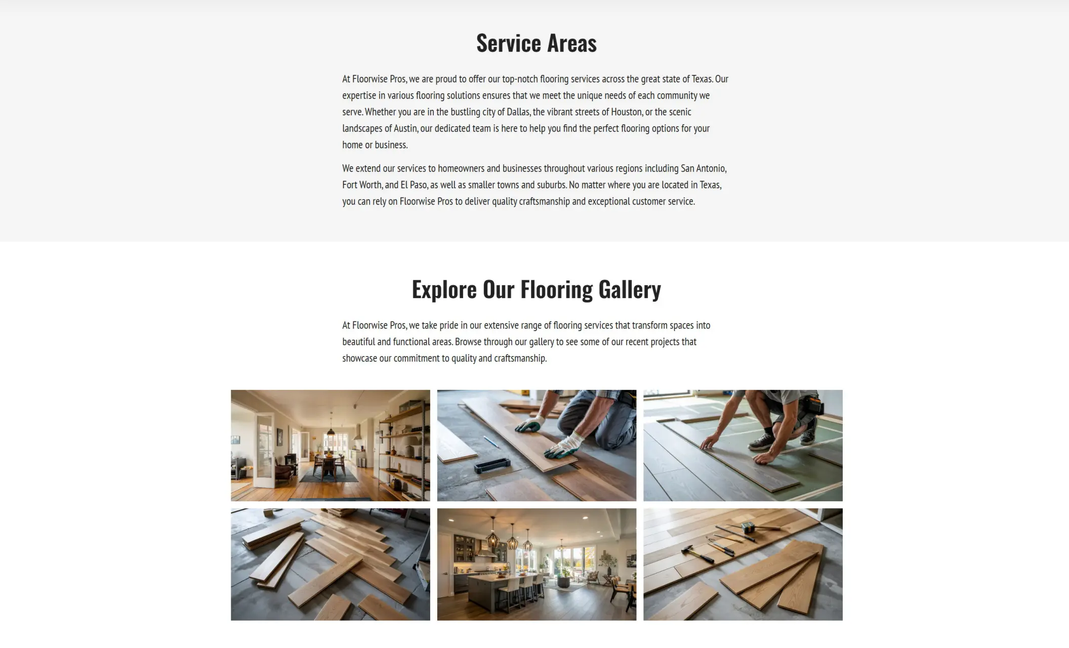 Floorwise Pros' website displaying service areas, and an image gallery of their work