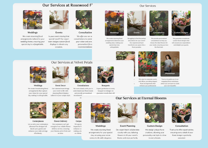 A collage of services section generated by Zarla showing different styles of service items, all having a picture, a title, and a brief description