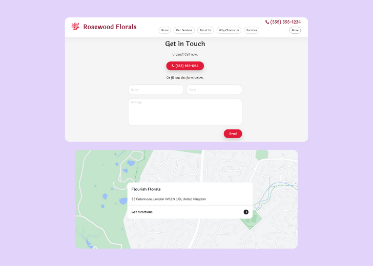 A screenshot of a header with navigation pills with contact number, a blue-colored primary button with contact number, and a 2D depiction of a map with a business address in the center