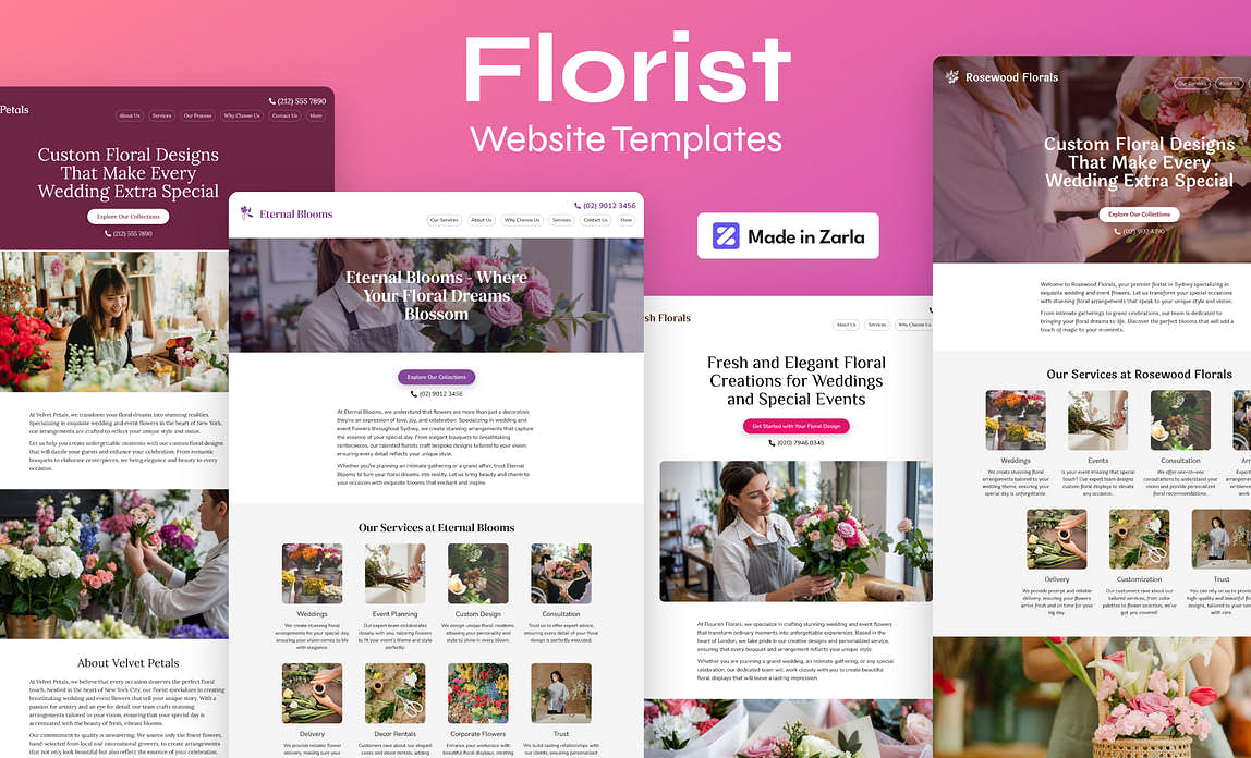 Collection of florist website templates created with Zarla