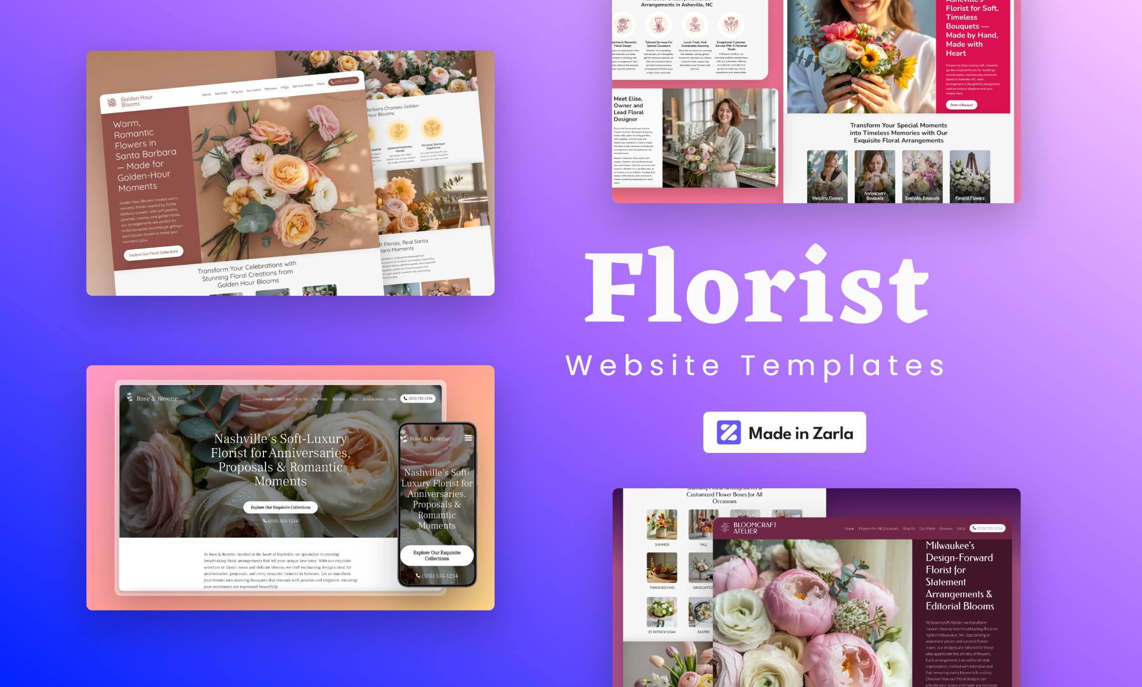 Collection of florist website templates created with Zarla