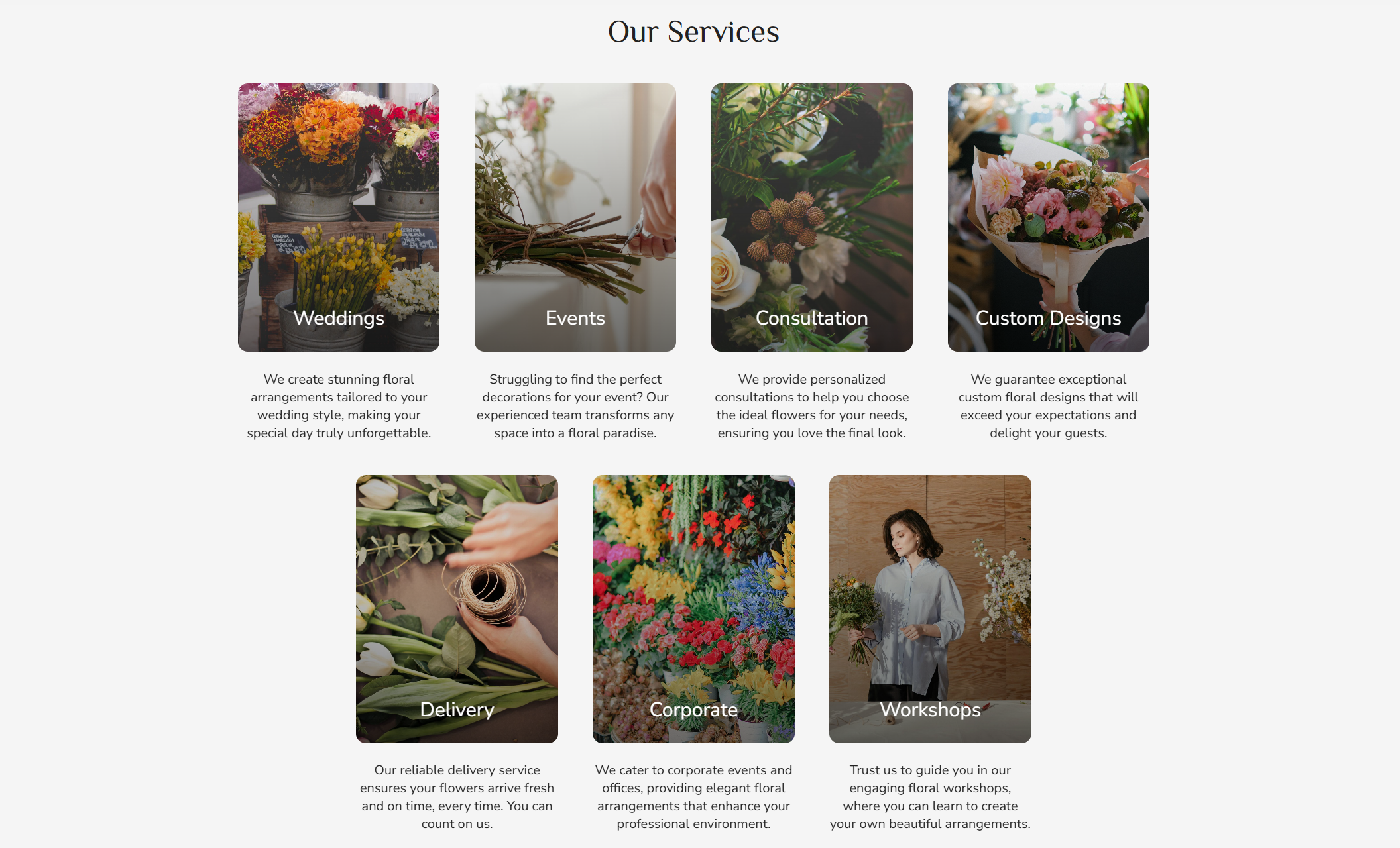 Grid layout showcasing some of Flourish Florals' florist services including weddings, events, consultations, custom designs, delivery, corporate, and workshops with supporting photos