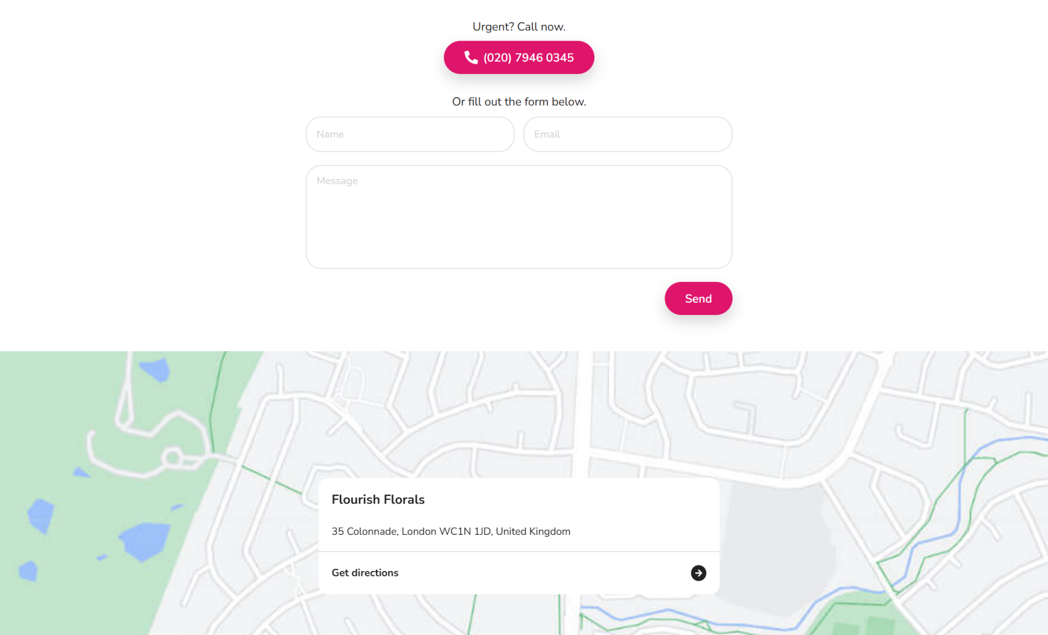 Contact form with urgent call-to-action and embedded map showing Flourish Florals’ London location