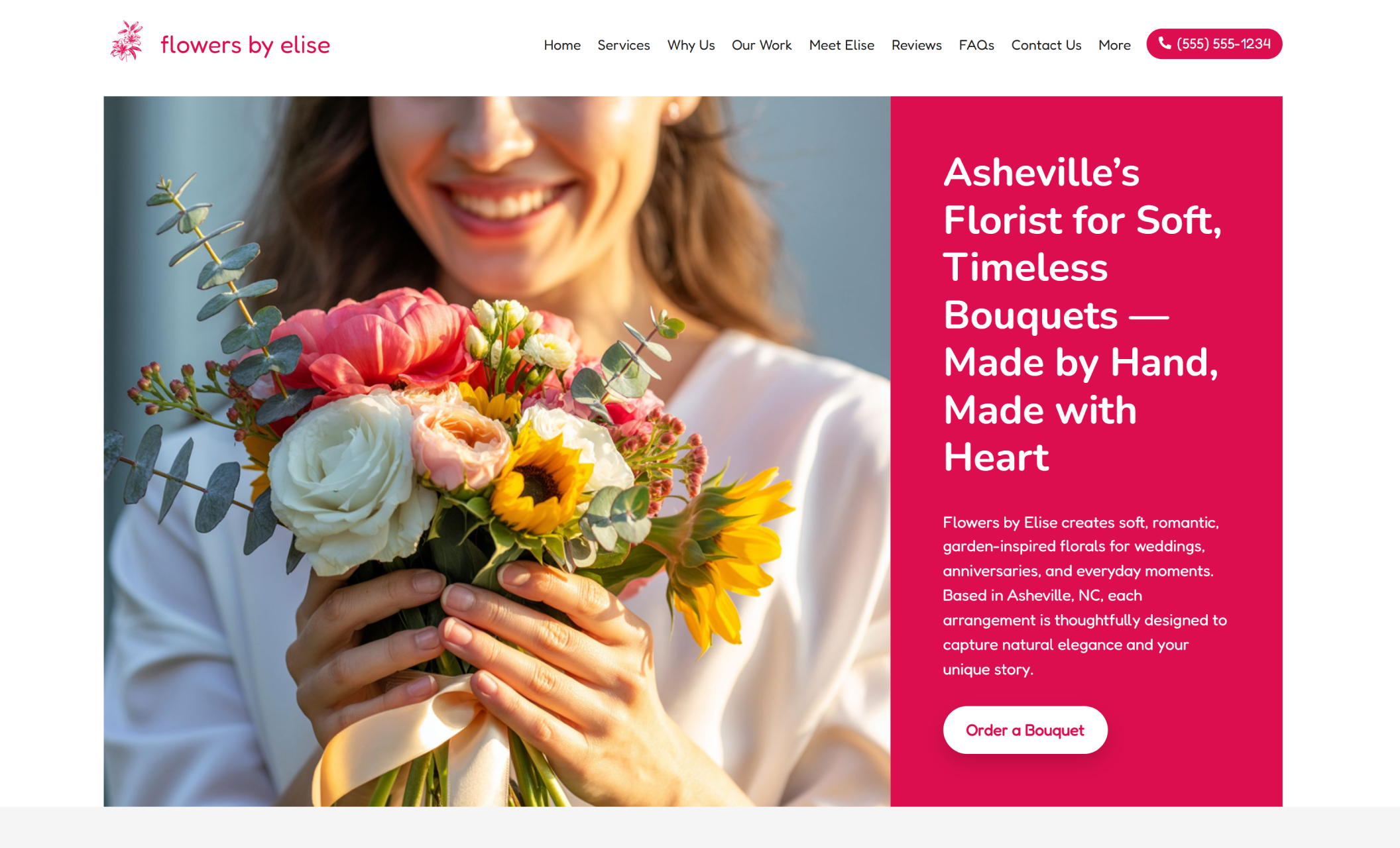 Flowers by Elise homepage hero showing a woman holding a vibrant, garden-style bouquet of sunflowers, roses, and greenery beside a bright magenta panel with the headline “Asheville’s Florist for Soft, Timeless Bouquets — Made by Hand, Made with Heart” and a rounded “Order a Bouquet” button