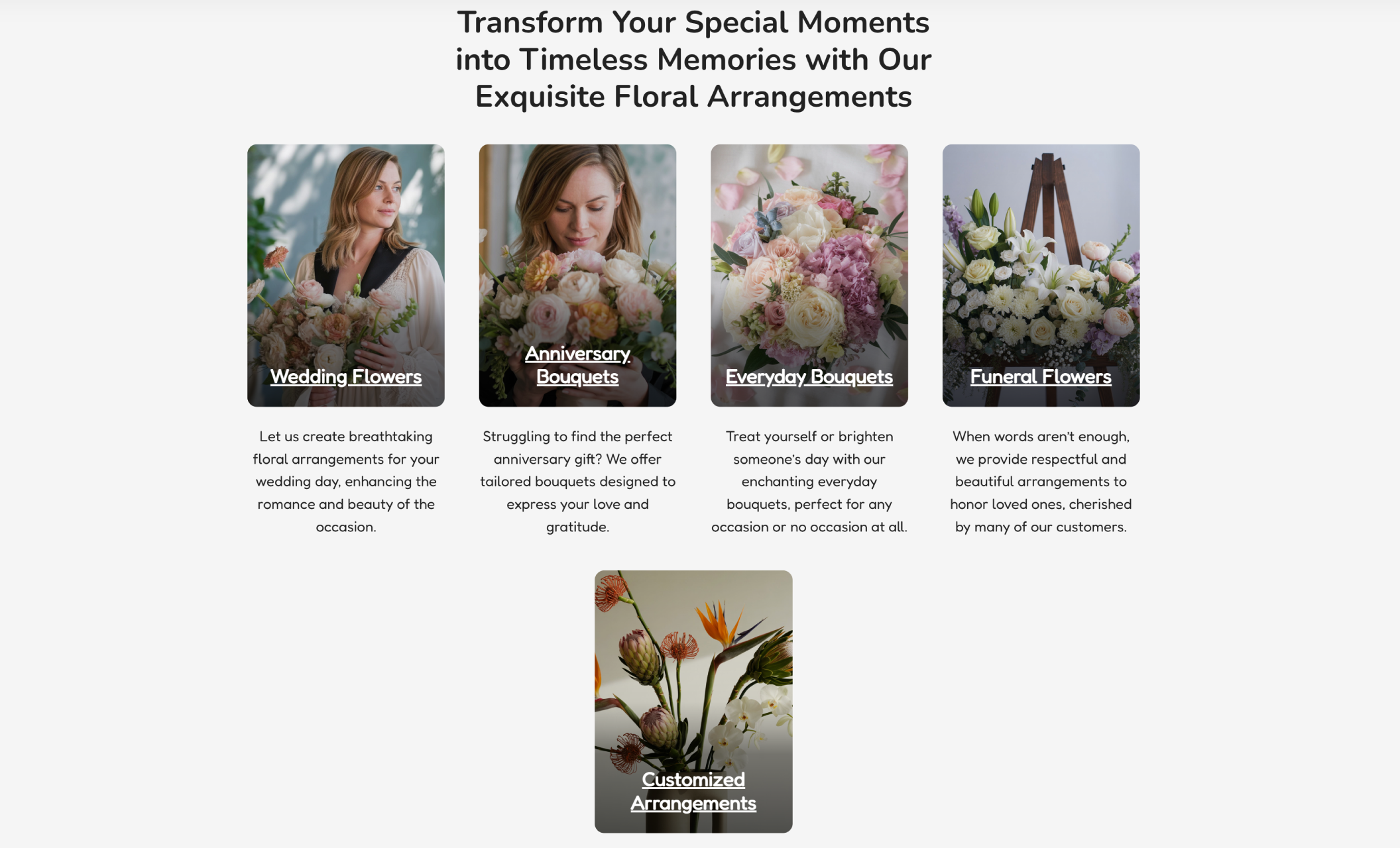 Services grid styled for Flowers by Elise featuring images of wedding flowers, anniversary bouquets, everyday bouquets, funeral flowers, and custom arrangements, each with soft, garden-inspired photography and short descriptive copy underneath