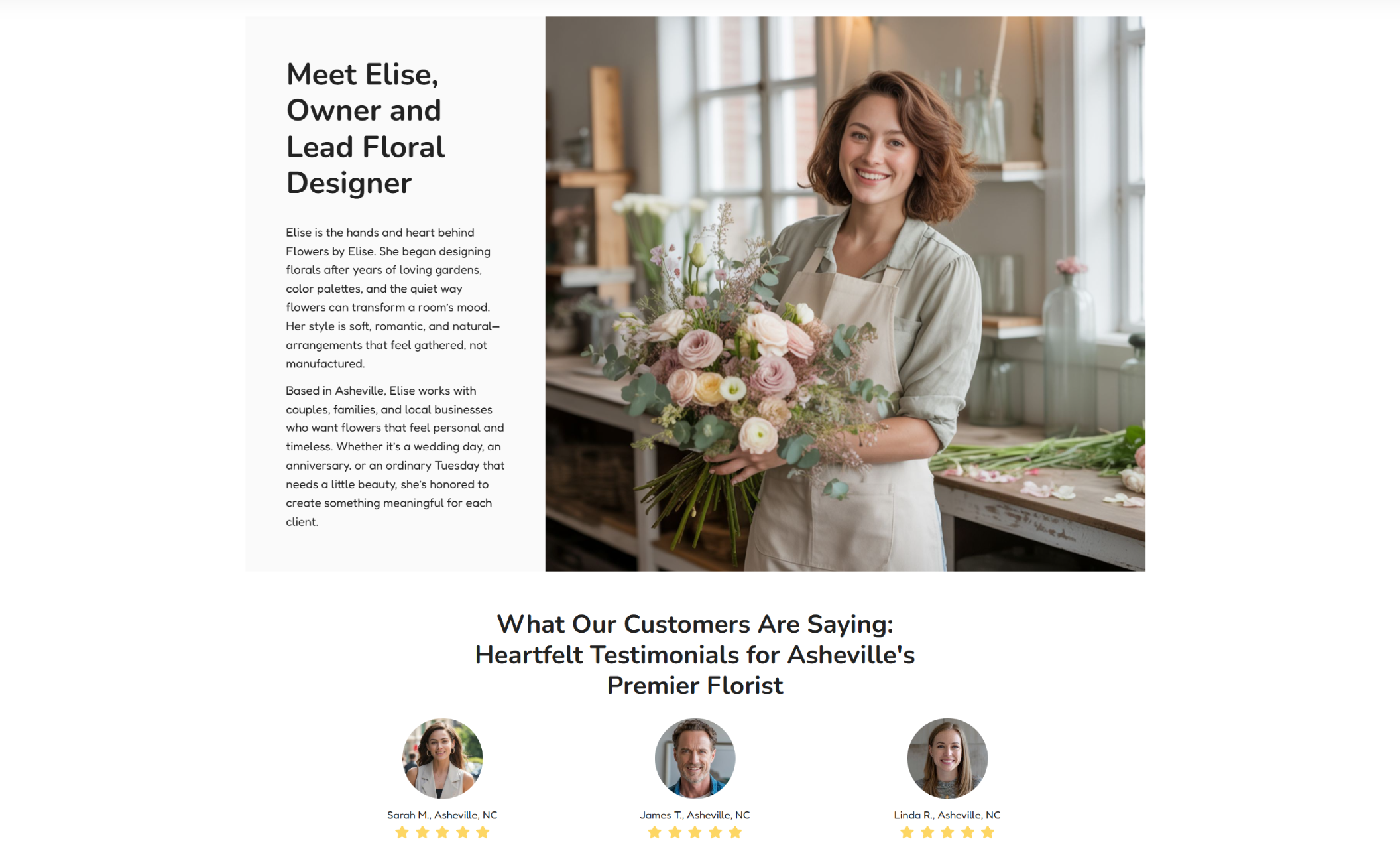“Meet Elise” section from the Flowers by Elise website showing Elise smiling in her floral studio while holding a soft, pastel bouquet, paired with text describing her natural, romantic design style and followed by customer testimonial portraits below