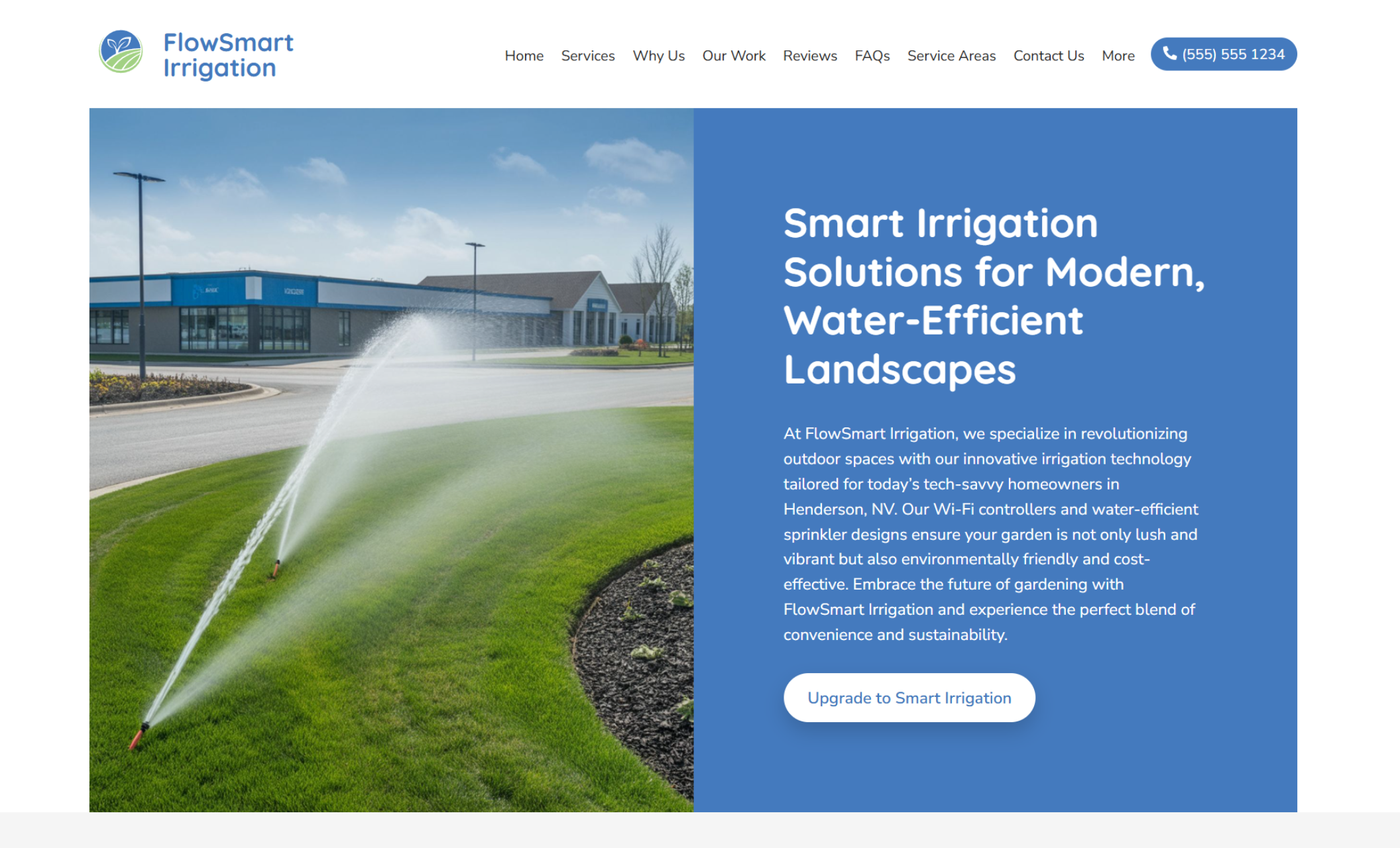 FlowSmart Irrigation homepage hero featuring sprinklers watering a modern commercial landscape beside a blue panel with the headline “Smart Irrigation Solutions for Modern, Water-Efficient Landscapes” and a call-to-action button reading “Upgrade to Smart Irrigation.”