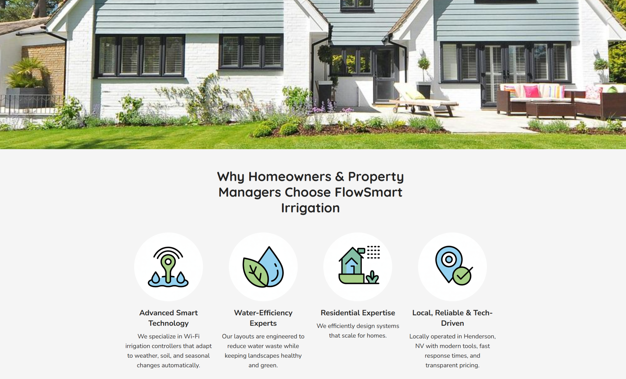 FlowSmart Irrigation benefits section titled “Why Homeowners & Property Managers Choose FlowSmart Irrigation,” showing four illustrated icons highlighting smart technology, water efficiency, residential expertise, and local, tech-driven service