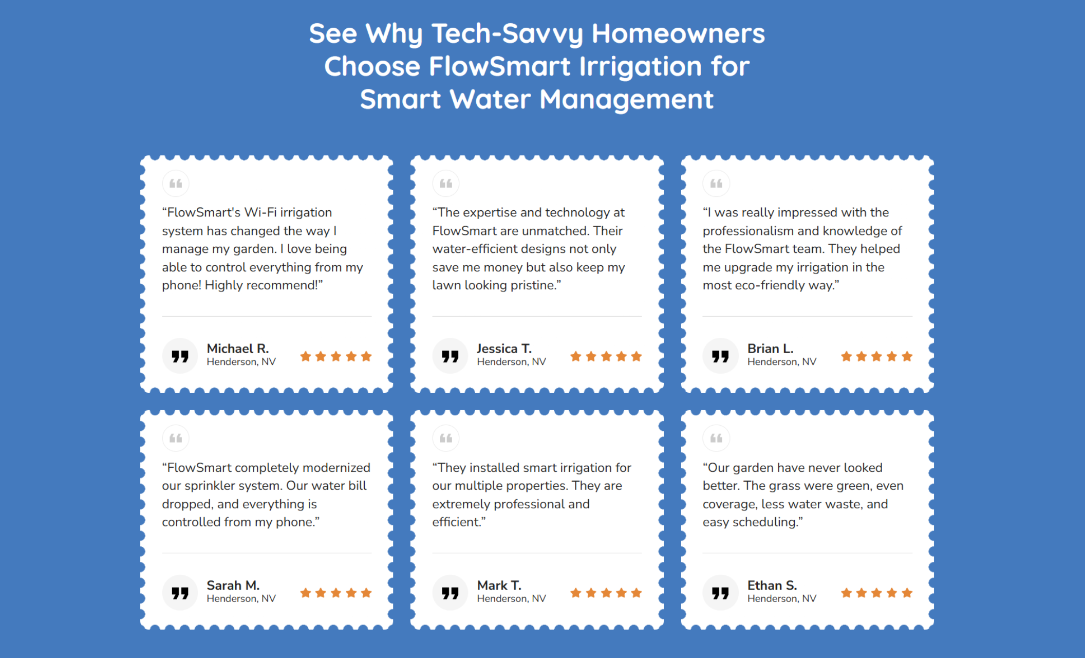 FlowSmart Irrigation testimonials section set on a blue background, featuring six customer review cards with star ratings, quotes praising Wi-Fi irrigation systems and water savings, and reviewer names from Henderson, NV