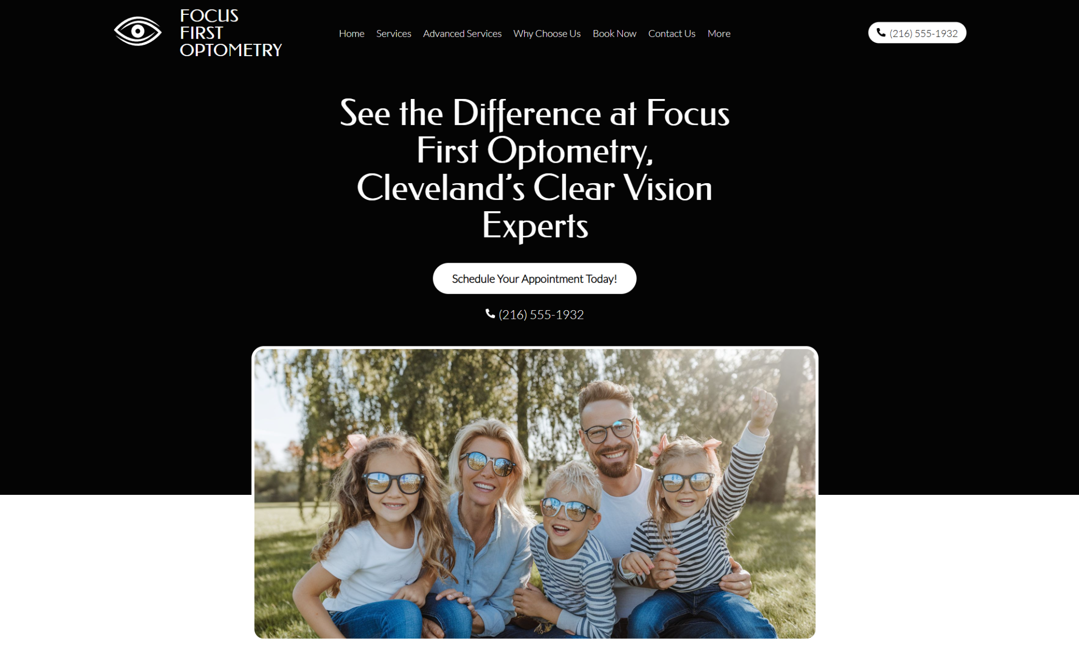 Focus First Optometry homepage showing a cheerful family of five in a sunny park, all wearing eyeglasses and smiling beneath the heading “See the Difference at Focus First Optometry, Cleveland’s Clear Vision Experts” with a white booking button