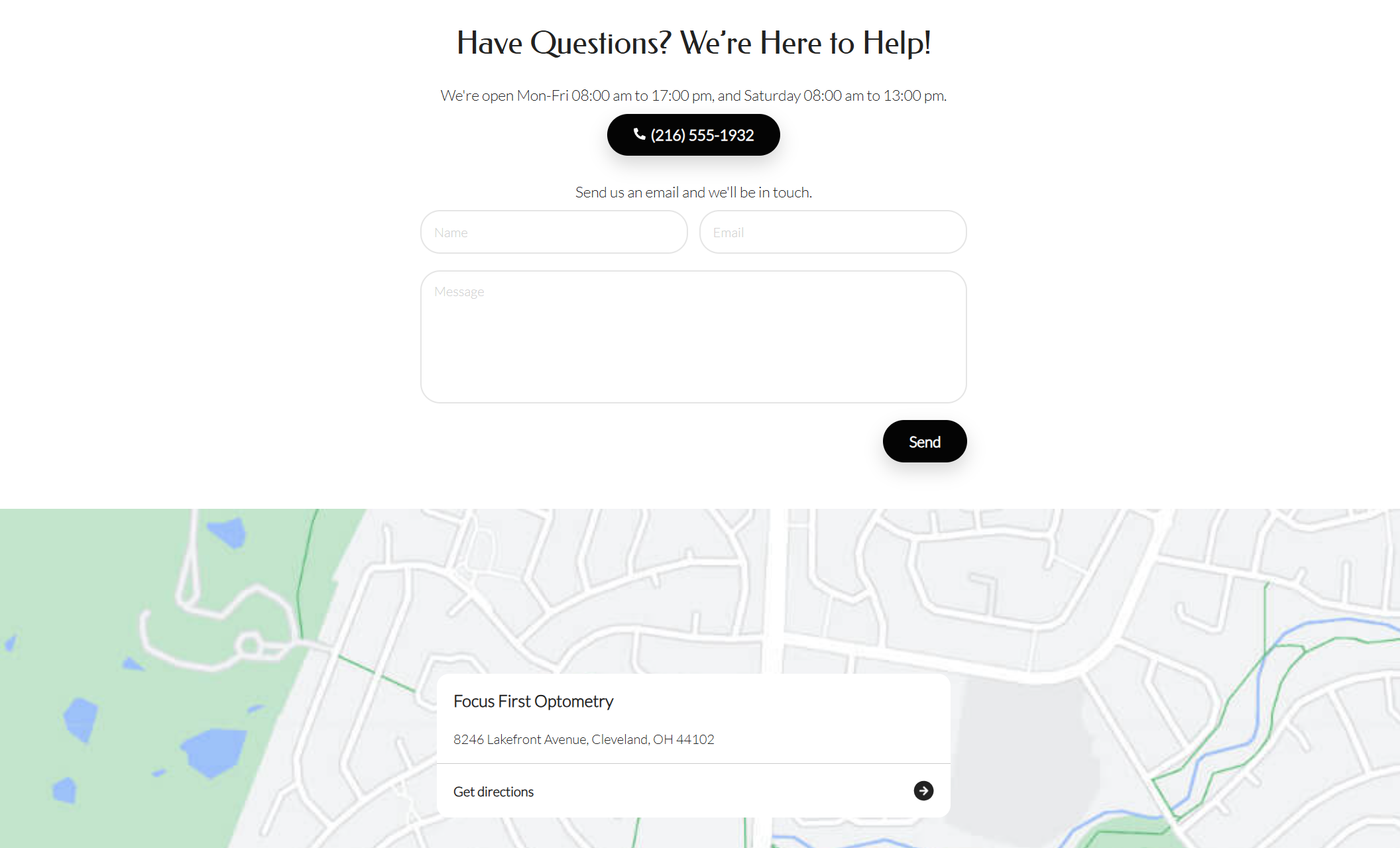 Focus First Optometry contact page displaying a map location in Cleveland, OH, an online message form, and business hours alongside a phone number for inquiries