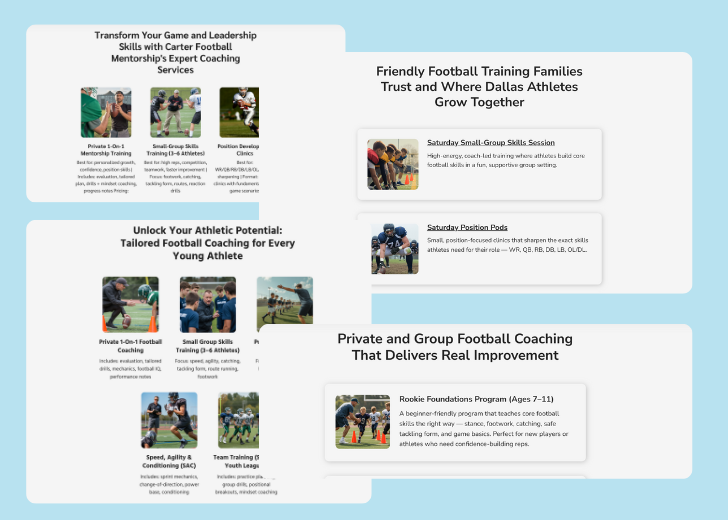 A collage of services section generated by Zarla showing different styles of service items, all having a picture, a title, and a brief description