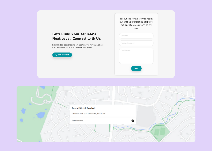 A screenshot of a header with navigation pills with contact number, a blue-colored primary button with contact number, and a 2D depiction of a map with a business address in the center