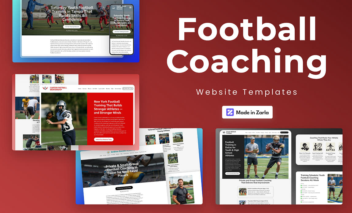 Collection of football coaching website templates created with Zarla