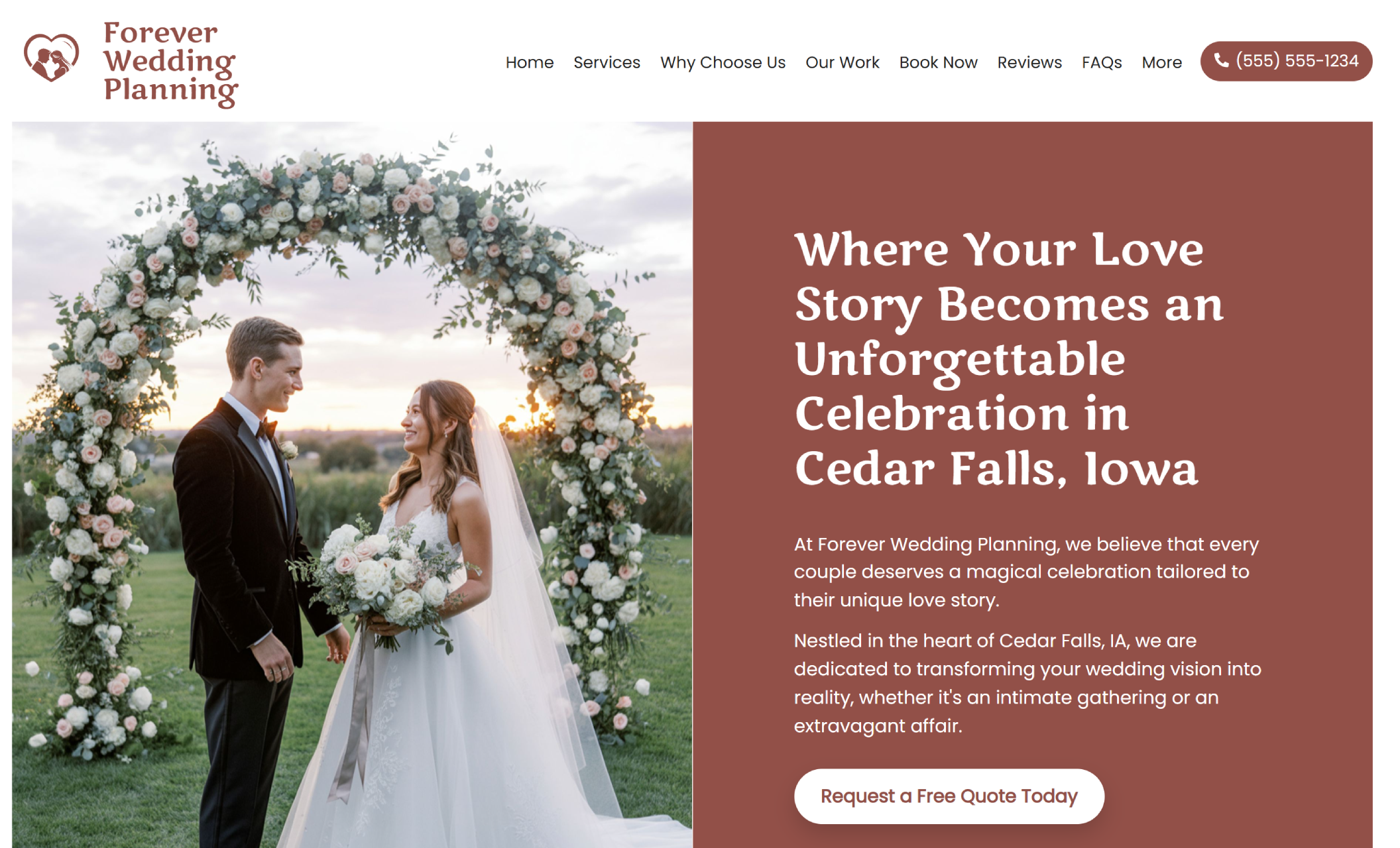 Forever Wedding Planning homepage hero featuring a bride and groom standing beneath a round floral arch at sunset beside the headline “Where Your Love Story Becomes an Unforgettable Celebration in Cedar Falls, Iowa,” with a white “Request a Free Quote Today” button