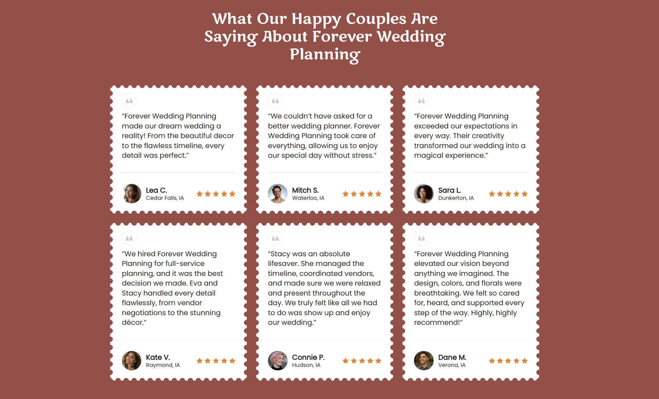 Reviews section for Forever Wedding Planning featuring six testimonial cards on a terracotta background, each with quoted feedback, star ratings, and small customer portraits beneath the headline “What Our Happy Couples Are Saying About Forever Wedding Planning.”