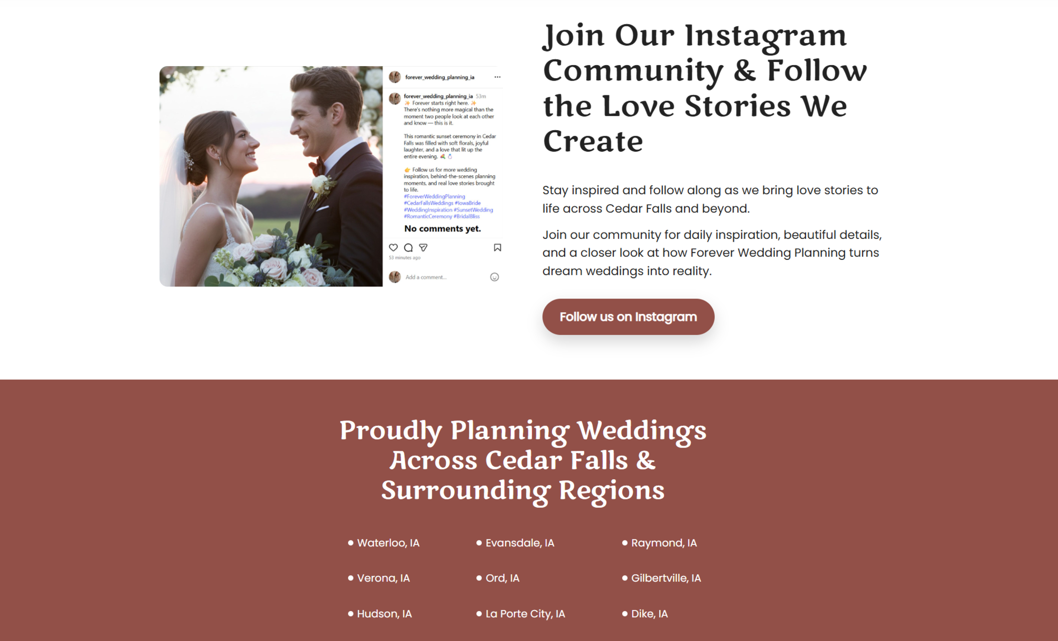 Instagram promotion section showing a wedding photo of a bride and groom smiling at each other next to a mock Instagram post and the headline “Join Our Instagram Community & Follow the Love Stories We Create.”
