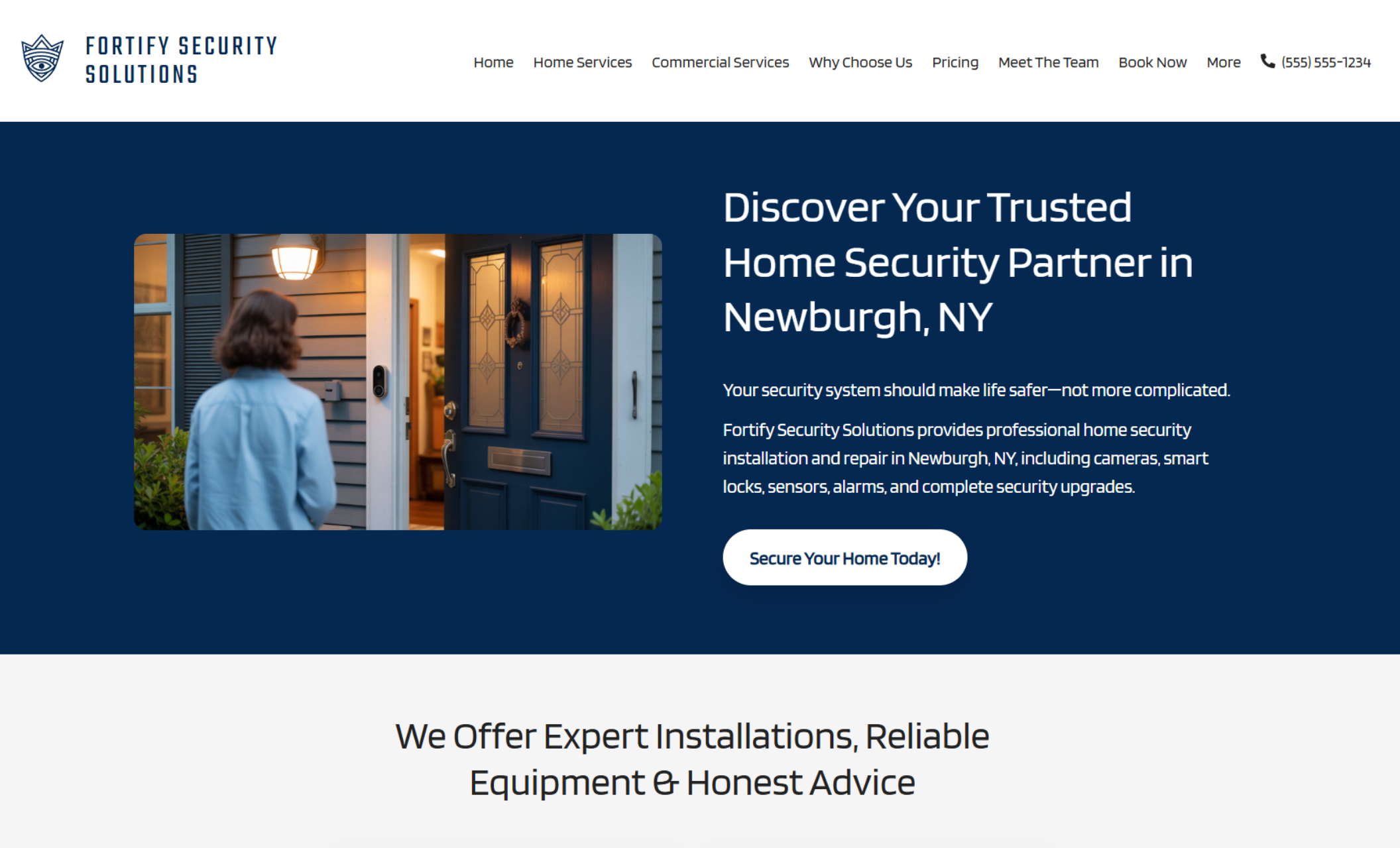 Fortify Security Solutions homepage hero featuring the headline “Discover Your Trusted Home Security Partner in Newburgh, NY,” with a large navy banner, a photo of a homeowner at a front door, and a white CTA button that reads “Secure Your Home Today!”