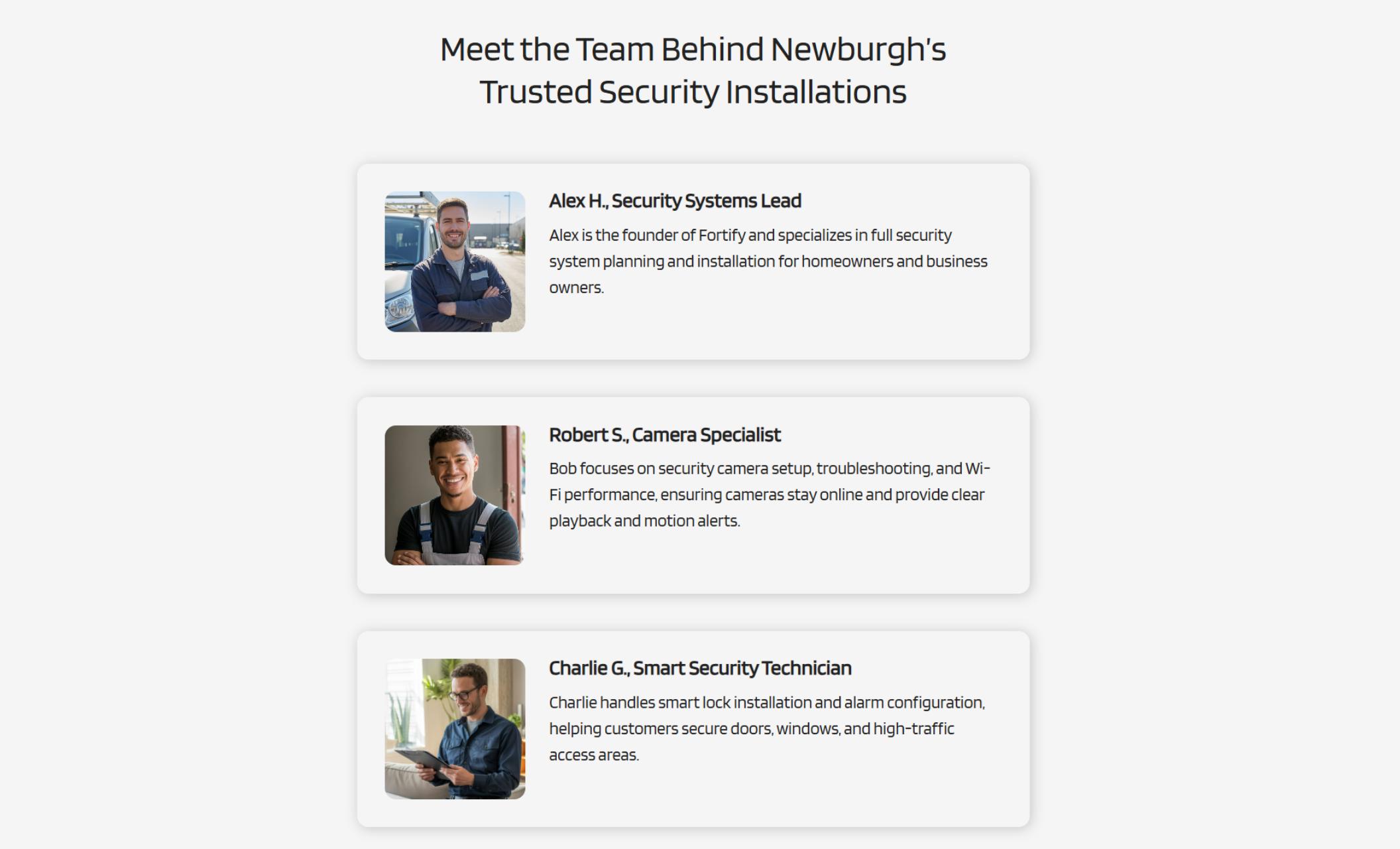 Fortify Security Solutions team page titled “Meet the Team Behind Newburgh’s Trusted Security Installations,” showing three staff profile cards for Alex H., Robert S., and Charlie G. with photos and short bios describing their security specialties
