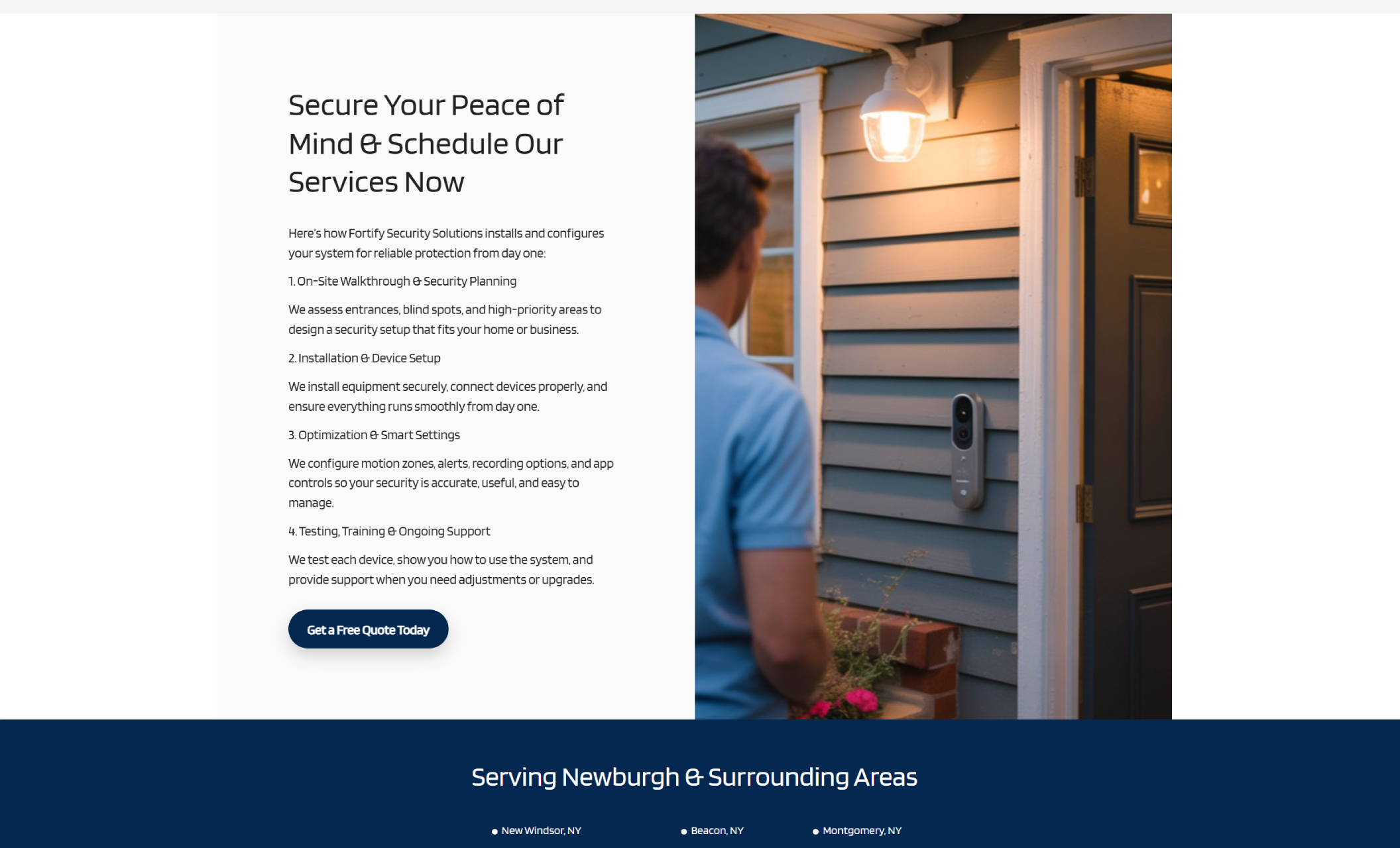 Fortify Security Solutions services process section featuring the headline “Secure Your Peace of Mind & Schedule Our Services Now,” listing four setup steps beside a photo of a homeowner approaching a front door with a mounted doorbell camera and a “Get a Free Quote Today” button