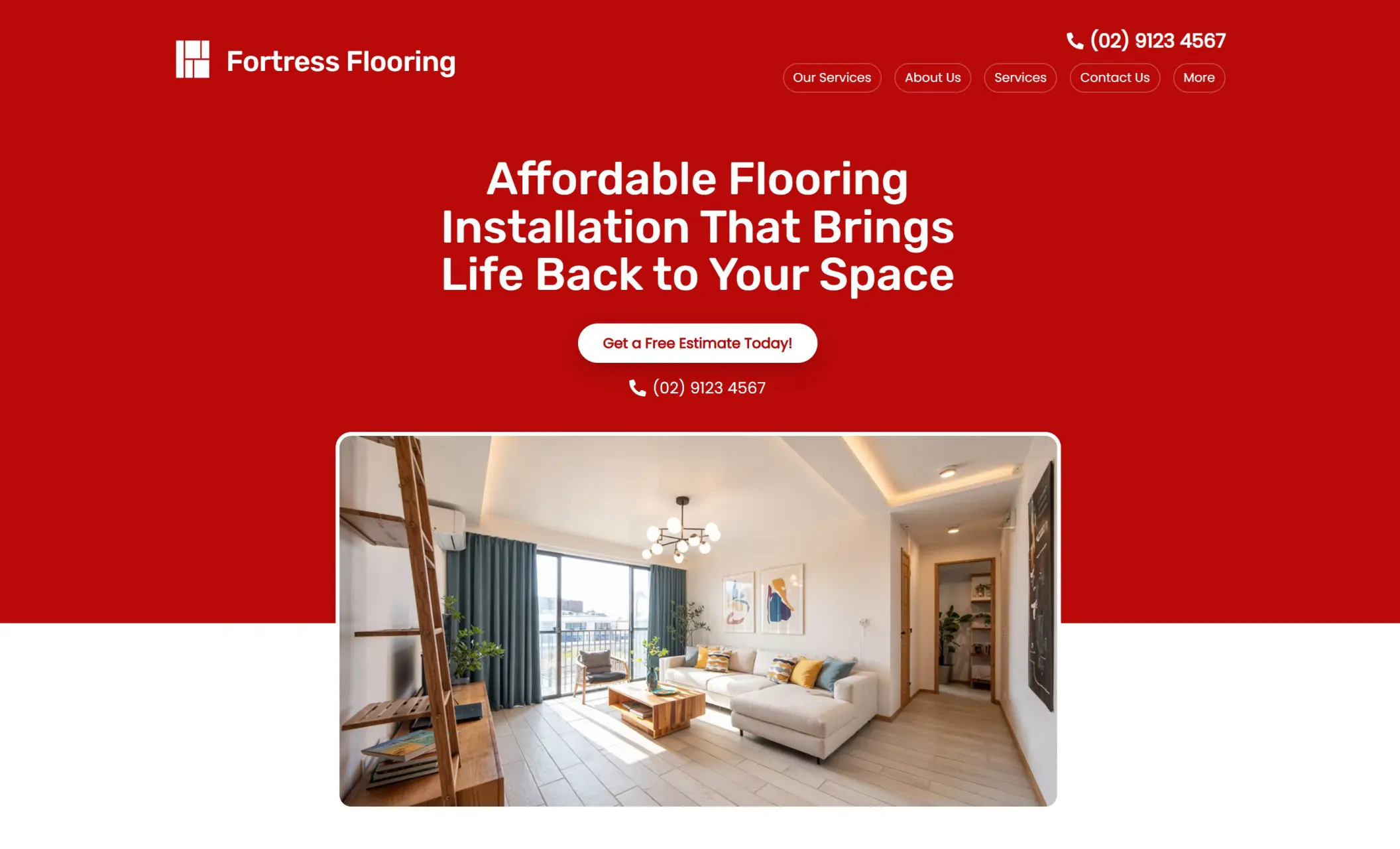 Fortress Flooring's homepage featuring the image of the interior of a house, company branding, call-to-action button, and a phone number