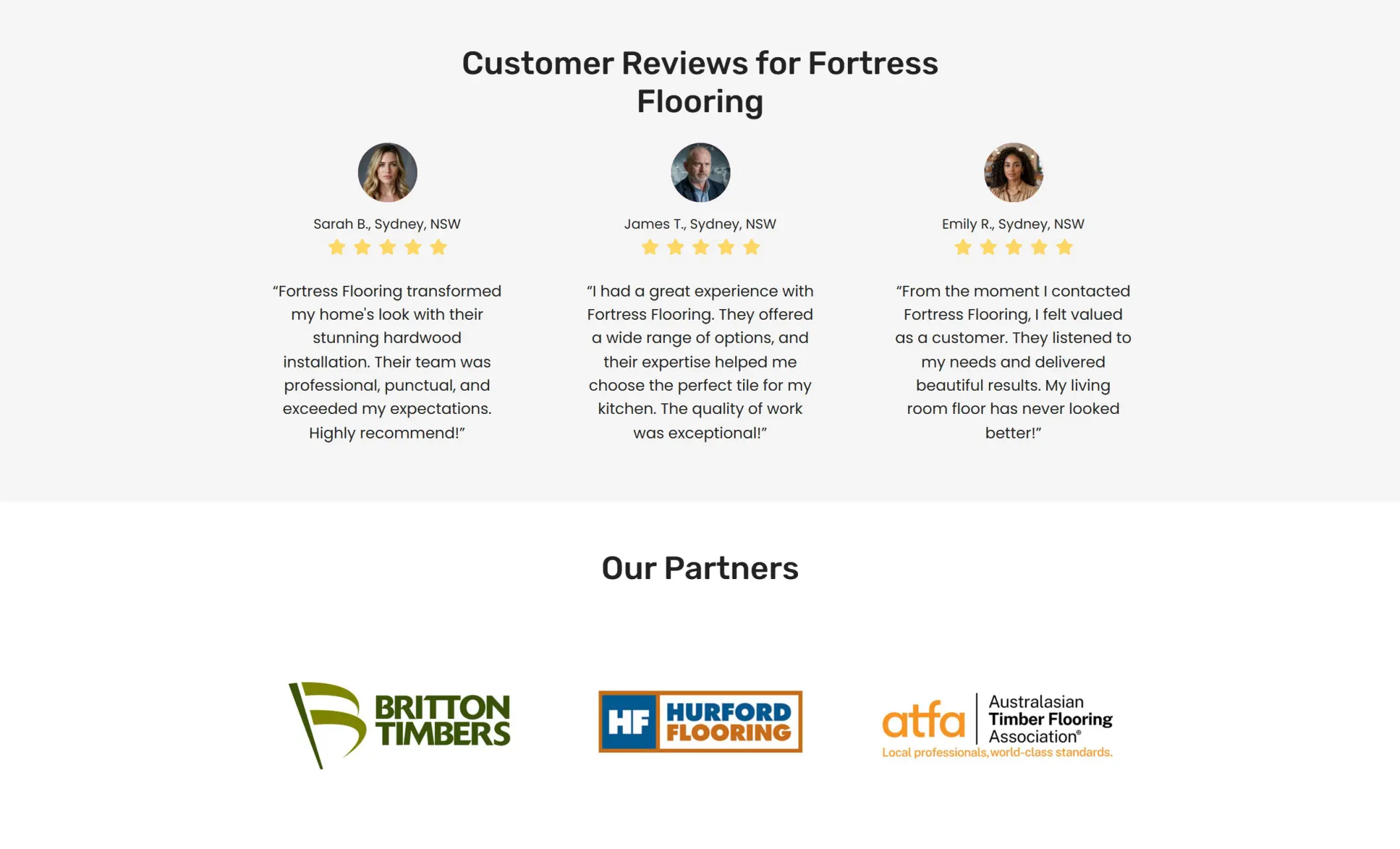 Fortress Flooring's website displaying client testimonials, and certifications