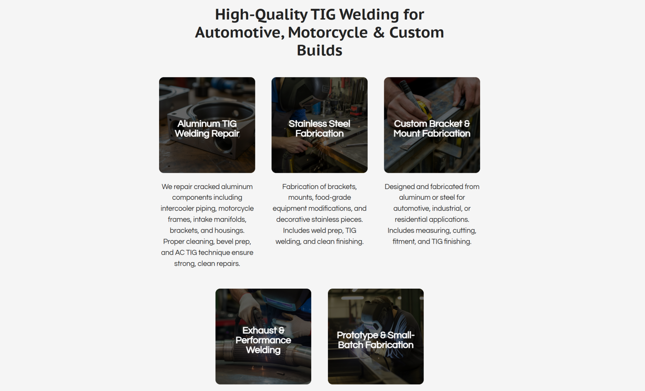 Foster Weld Lab services section titled “High-Quality TIG Welding for Automotive, Motorcycle & Custom Builds,” displaying service cards for aluminum repair, stainless fabrication, custom brackets, and performance welding